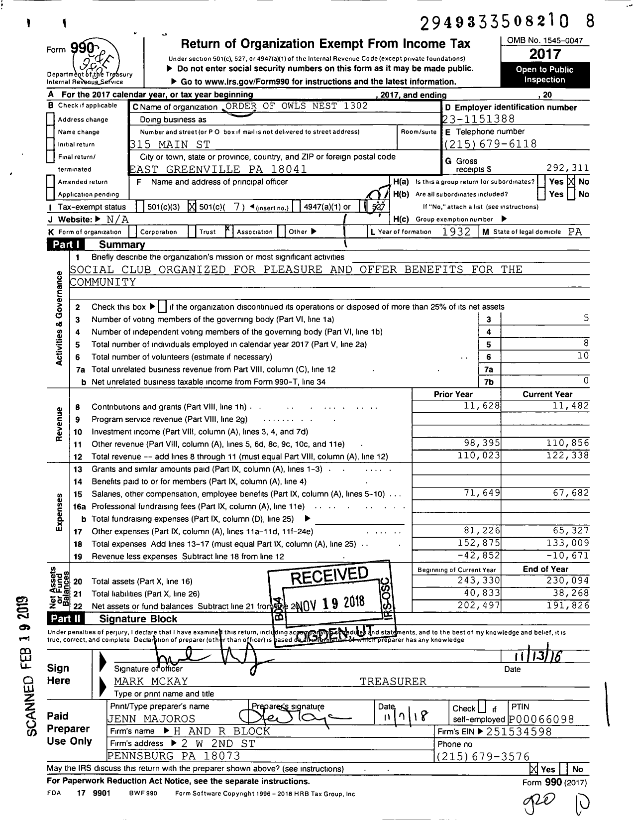 Image of first page of 2017 Form 990O for Order of Owls Nest 1302