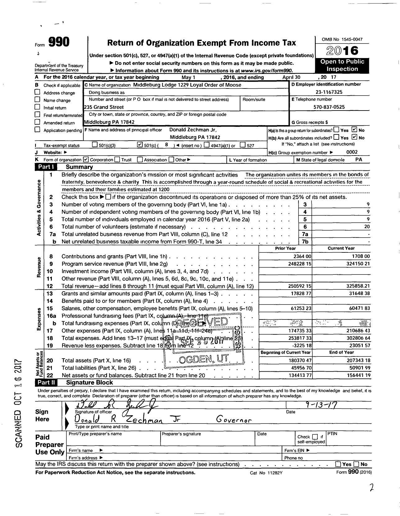 Image of first page of 2016 Form 990O for Loyal Order of Moose - 1229