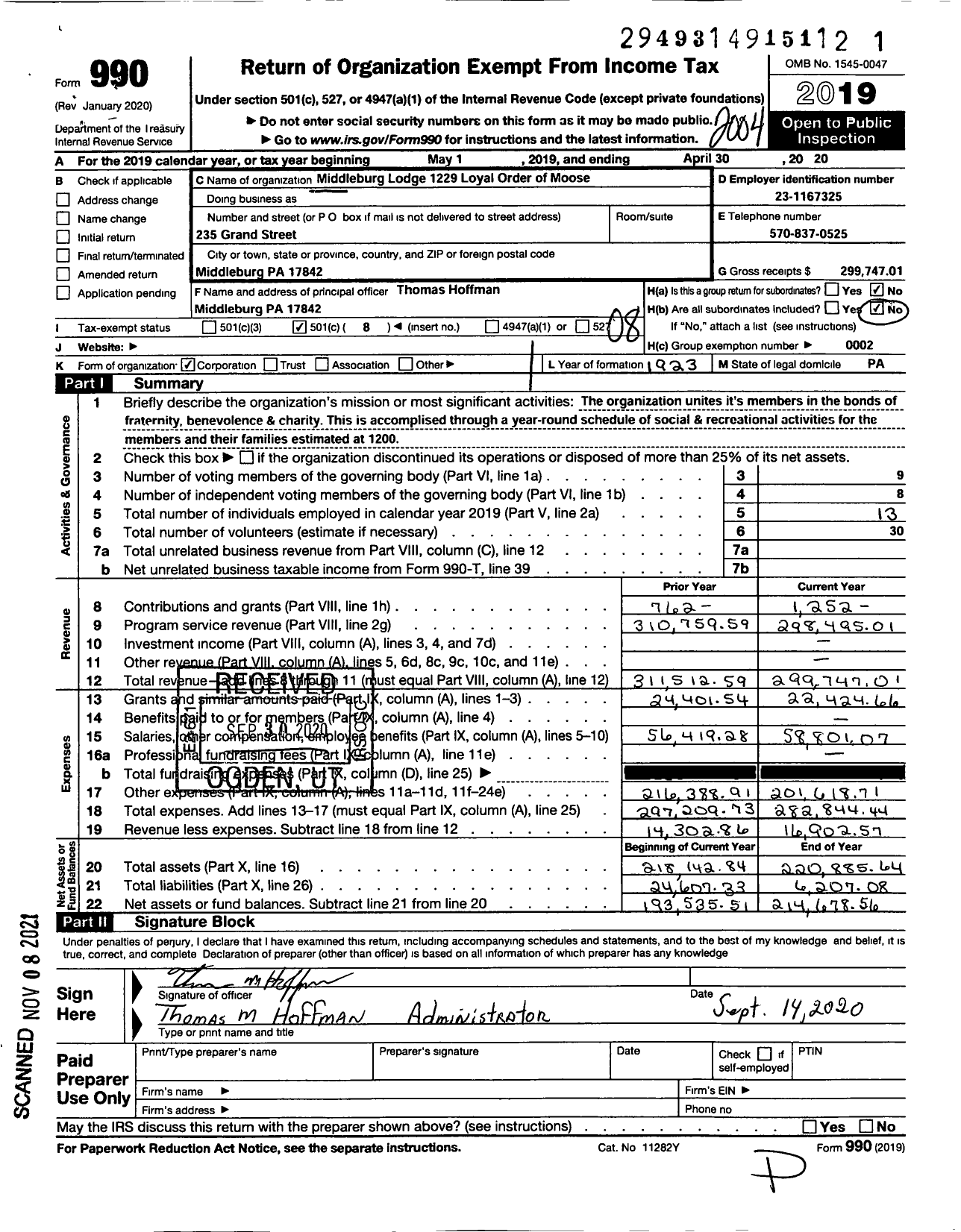 Image of first page of 2019 Form 990O for Loyal Order of Moose - 1229