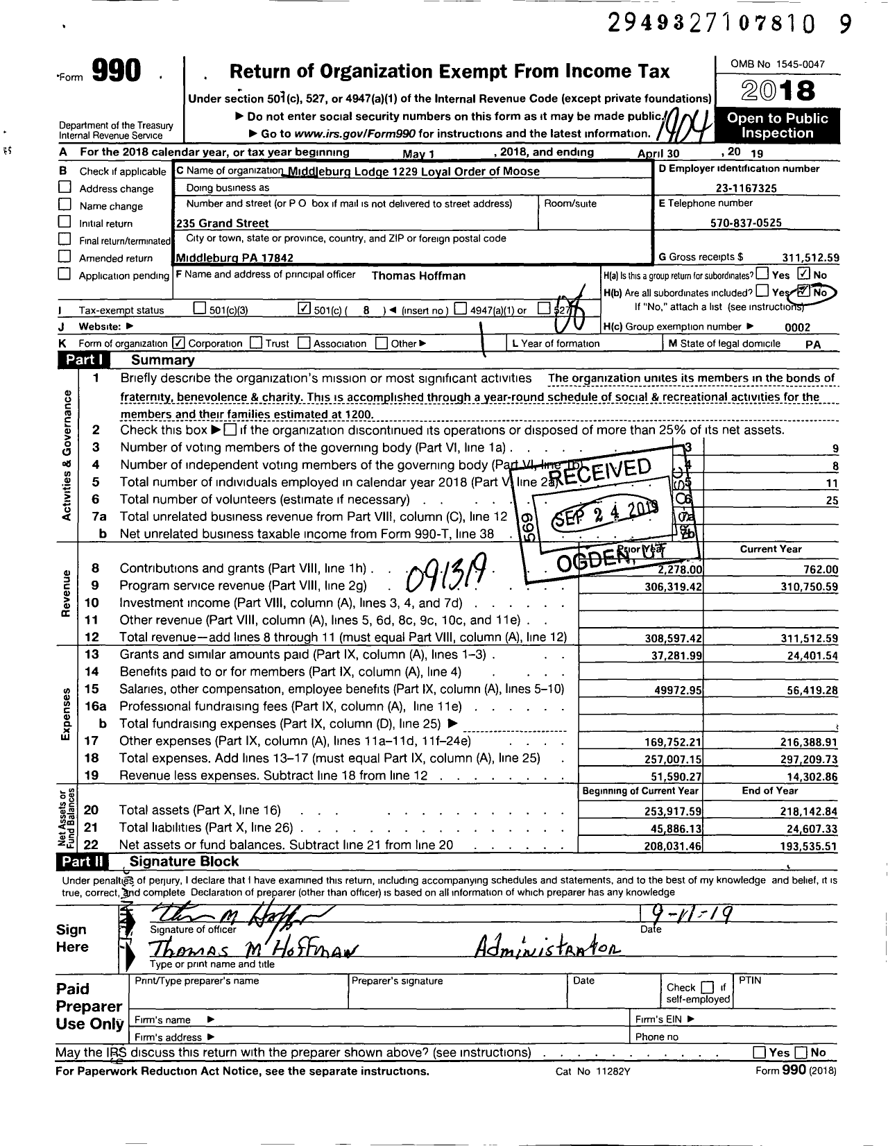 Image of first page of 2018 Form 990O for Loyal Order of Moose - 1229