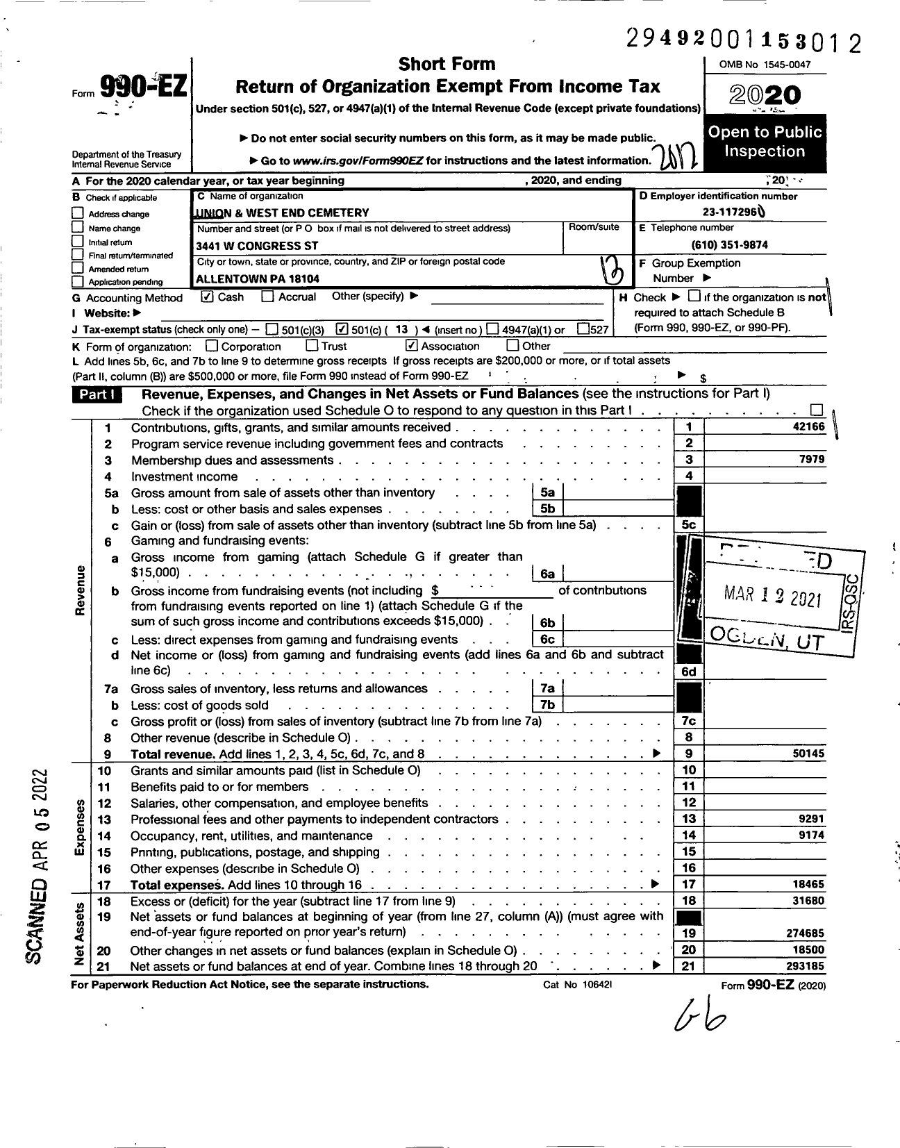 Image of first page of 2020 Form 990EO for Union and West End Cemetery Association