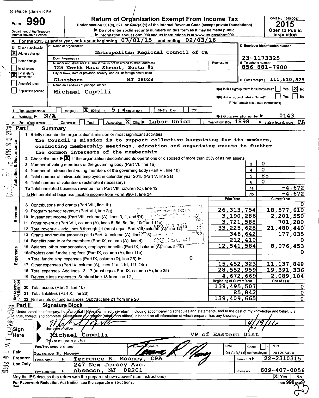Image of first page of 2015 Form 990O for Metropolitan Regional Council of CA