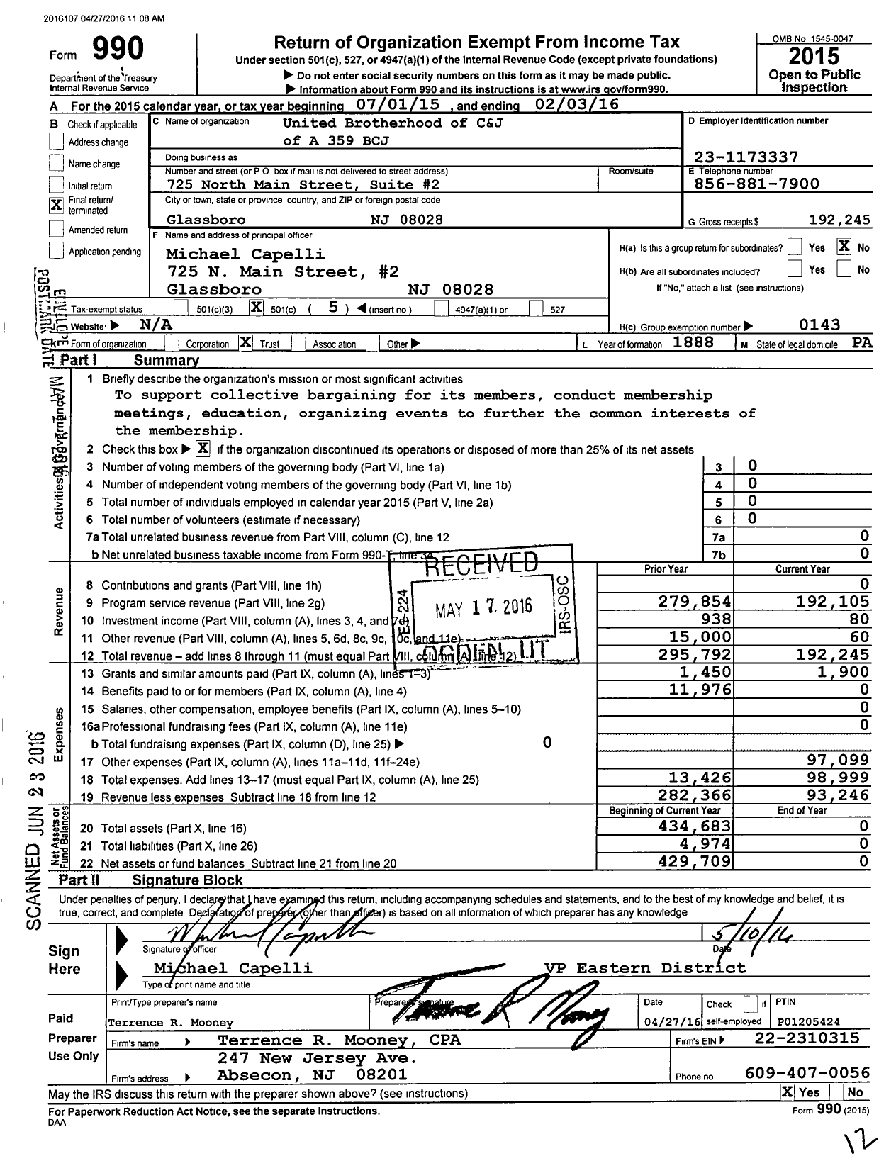 Image of first page of 2015 Form 990O for United Brotherhood of Carpenters & Joiners - 359 BCJ