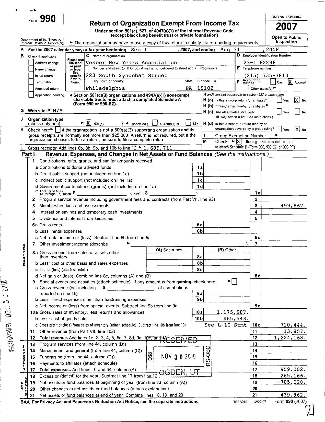 Image of first page of 2007 Form 990O for Vesper New Years Association