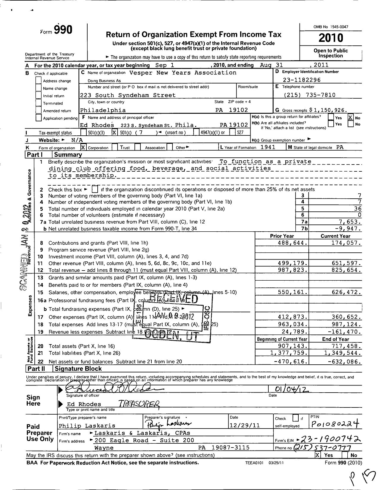 Image of first page of 2010 Form 990O for Vesper New Years Association