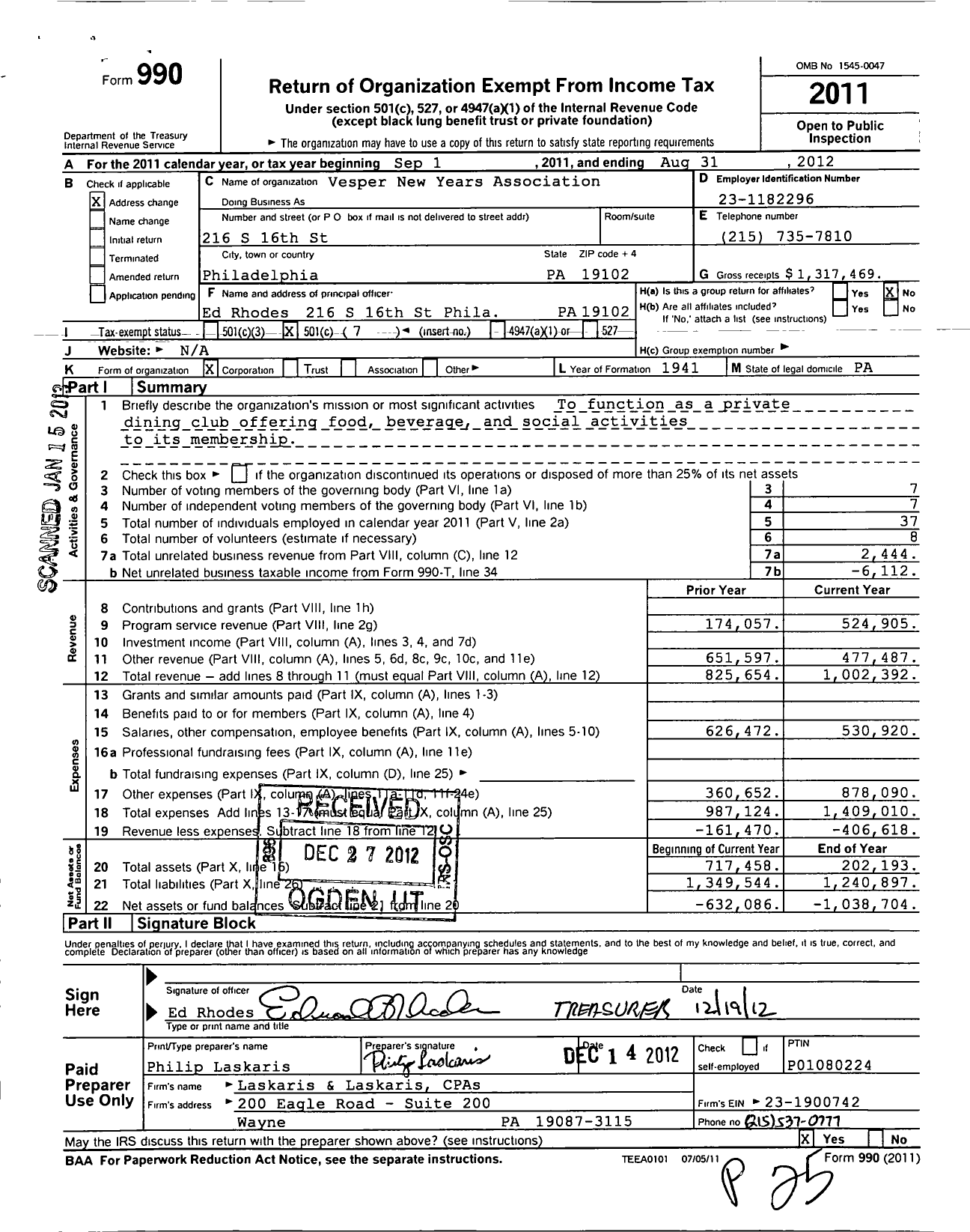 Image of first page of 2011 Form 990O for Vesper New Years Association