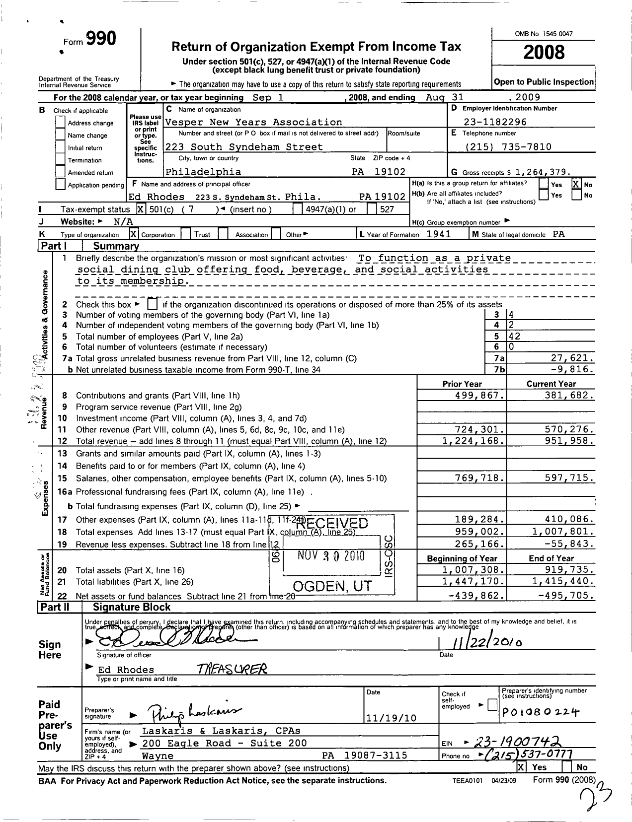 Image of first page of 2008 Form 990O for Vesper New Years Association