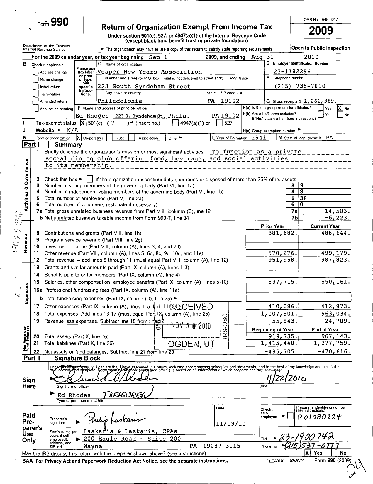 Image of first page of 2009 Form 990O for Vesper New Years Association