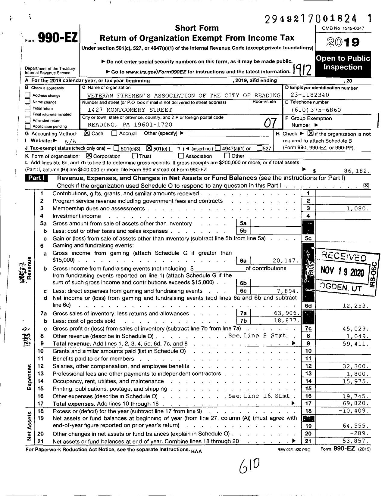 Image of first page of 2019 Form 990EO for Veteran Firemen's Association of the City of Reading