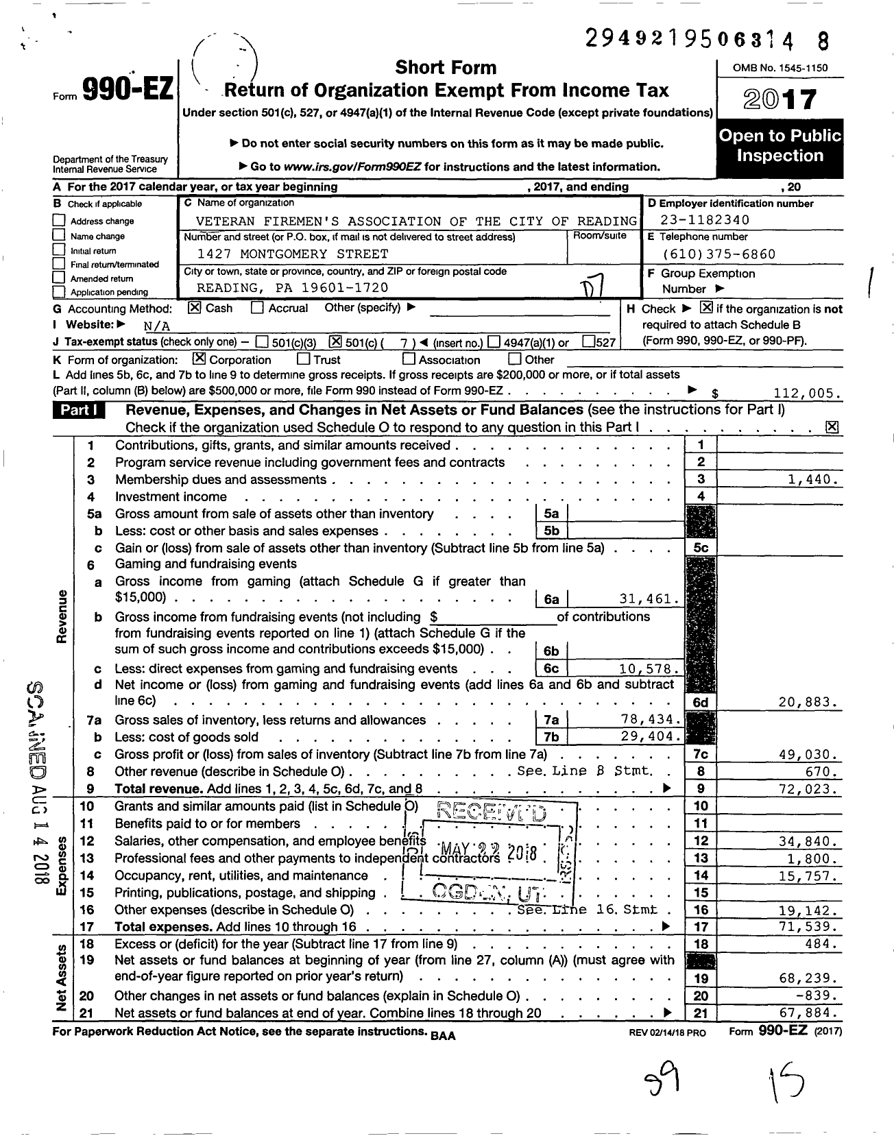 Image of first page of 2017 Form 990EO for Veteran Firemen's Association of the City of Reading