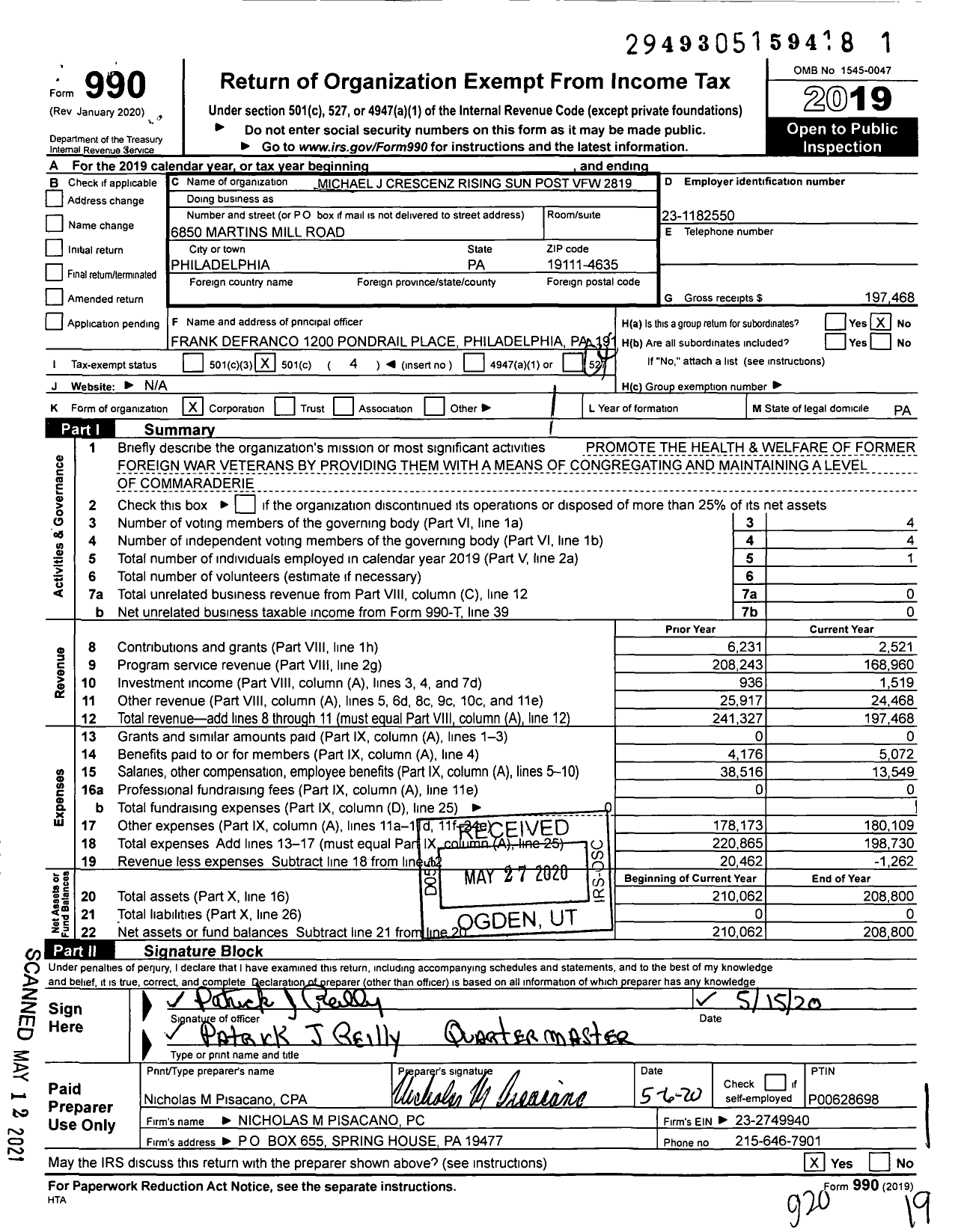 Image of first page of 2019 Form 990O for VFW Department of Pennsylvania - 2819 Vfw-Penn