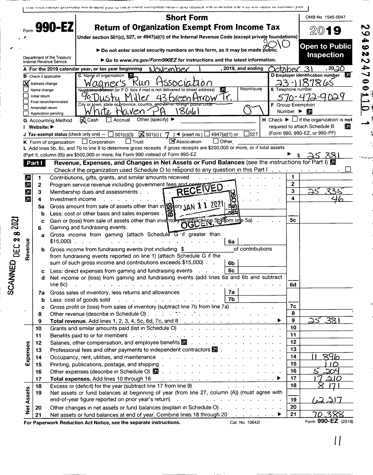 Image of first page of 2019 Form 990EO for Wagners Run Association Edward W Miller