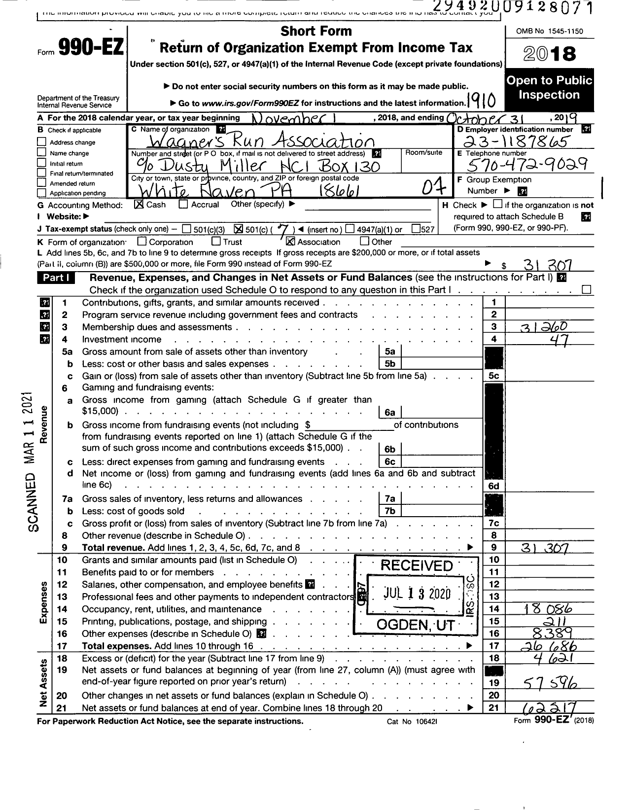 Image of first page of 2018 Form 990EO for Wagners Run Association Edward W Miller