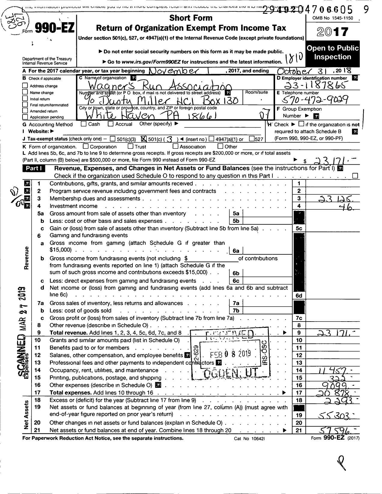 Image of first page of 2017 Form 990EO for Wagners Run Association Edward W Miller