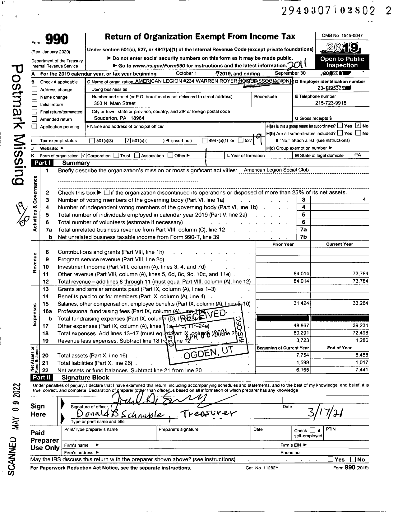 Image of first page of 2019 Form 990O for American Legion 234 Warren Royer Home Association
