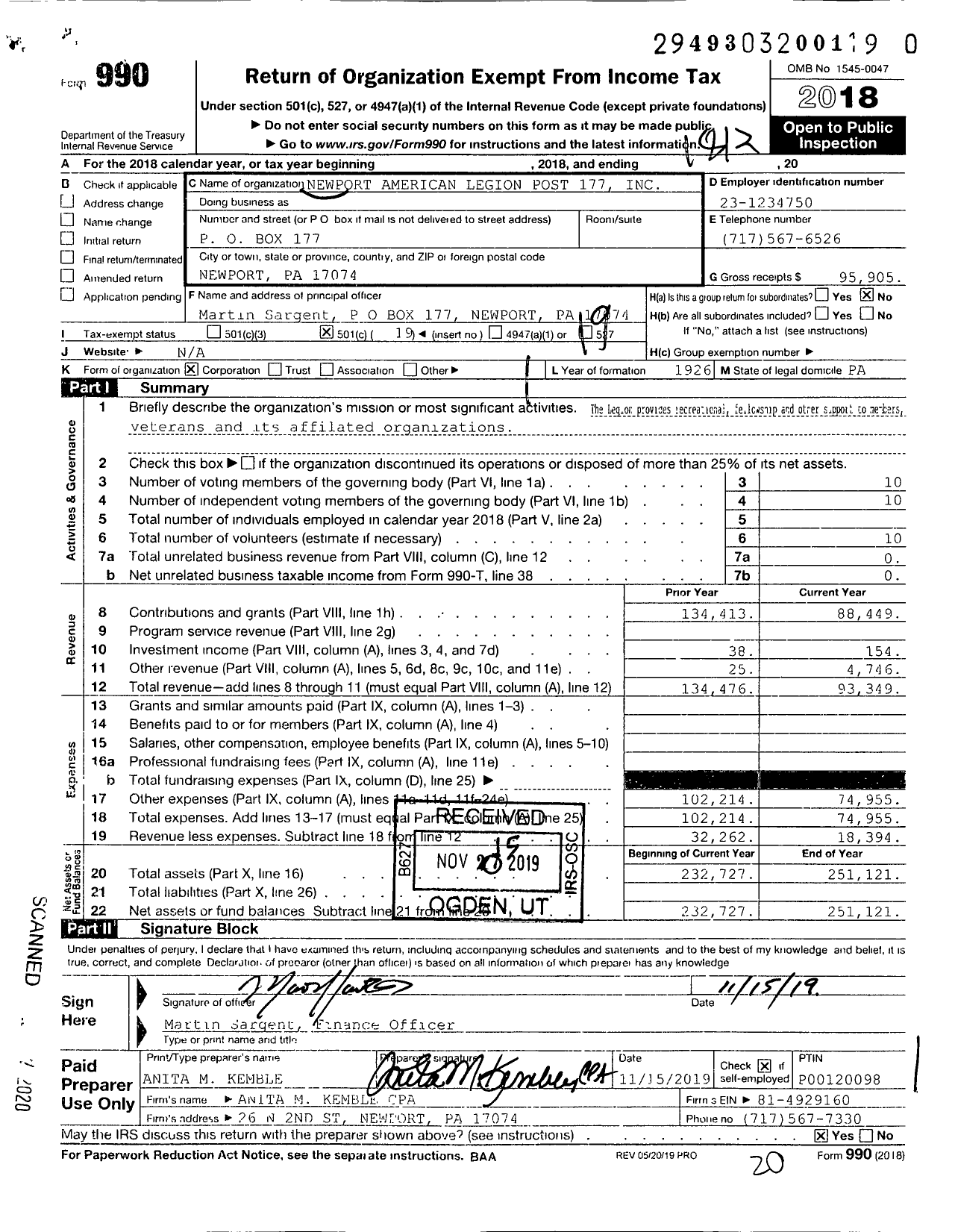 Image of first page of 2018 Form 990O for American Legion - 177 Post Newport