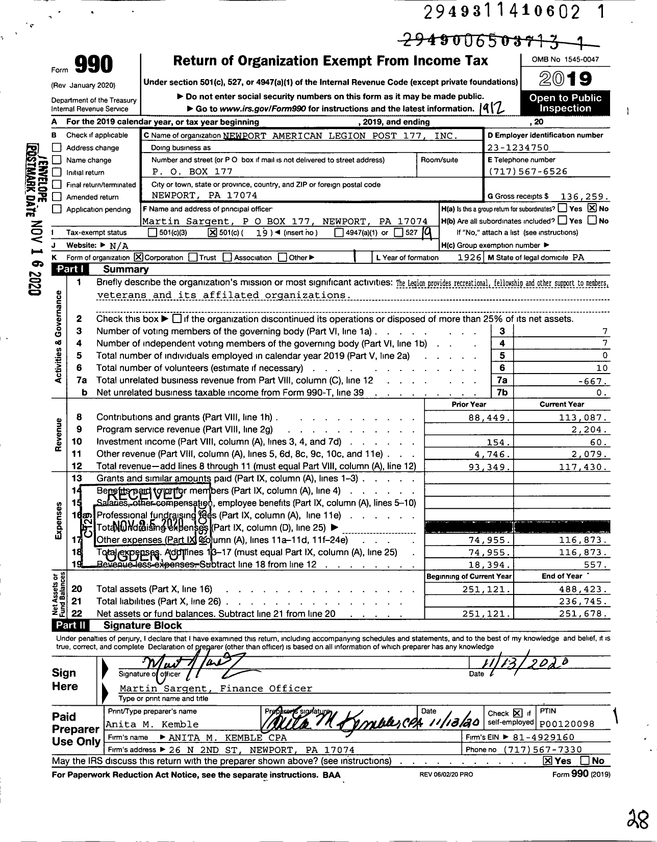 Image of first page of 2019 Form 990O for American Legion - 177 Post Newport