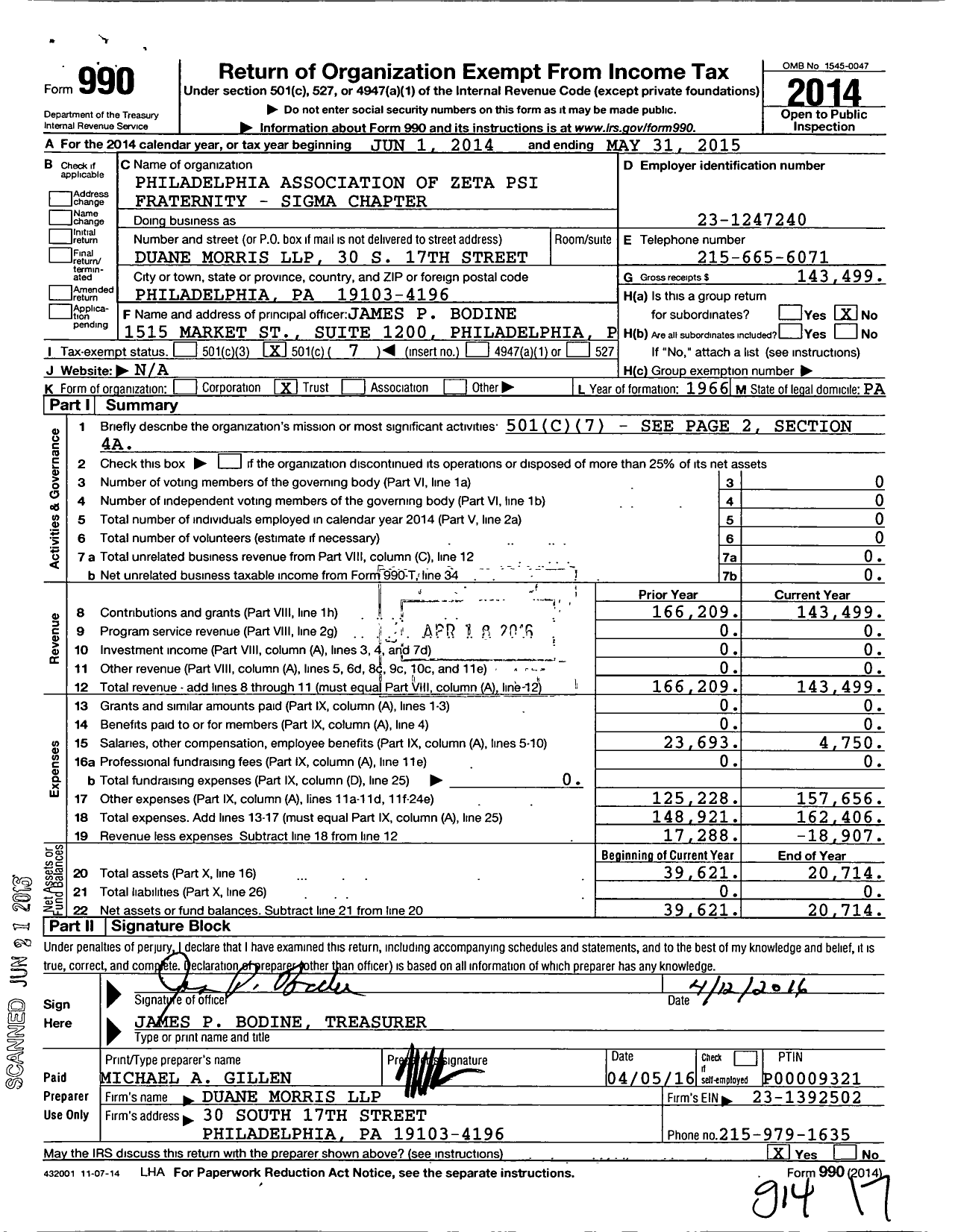 Image of first page of 2014 Form 990O for Sigma Chapter of Zeta Psi Fraternity in