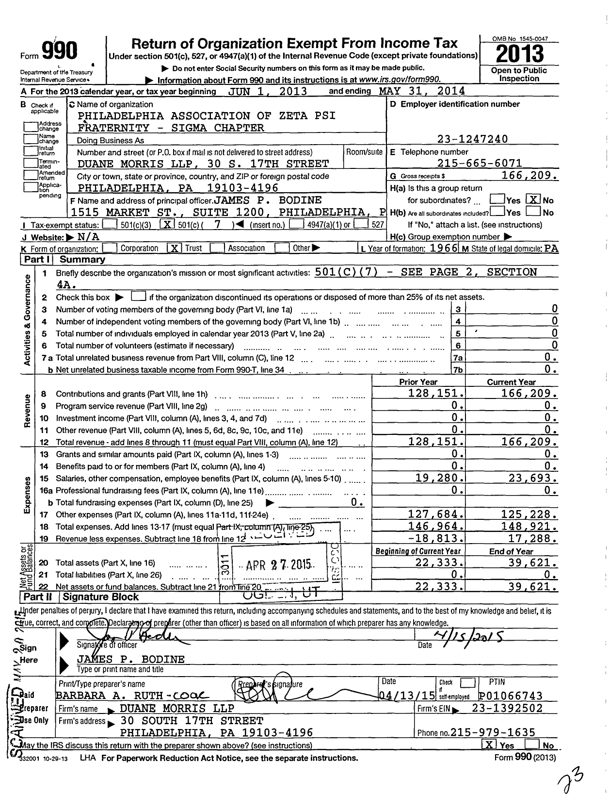 Image of first page of 2013 Form 990O for Sigma Chapter of Zeta Psi Fraternity in