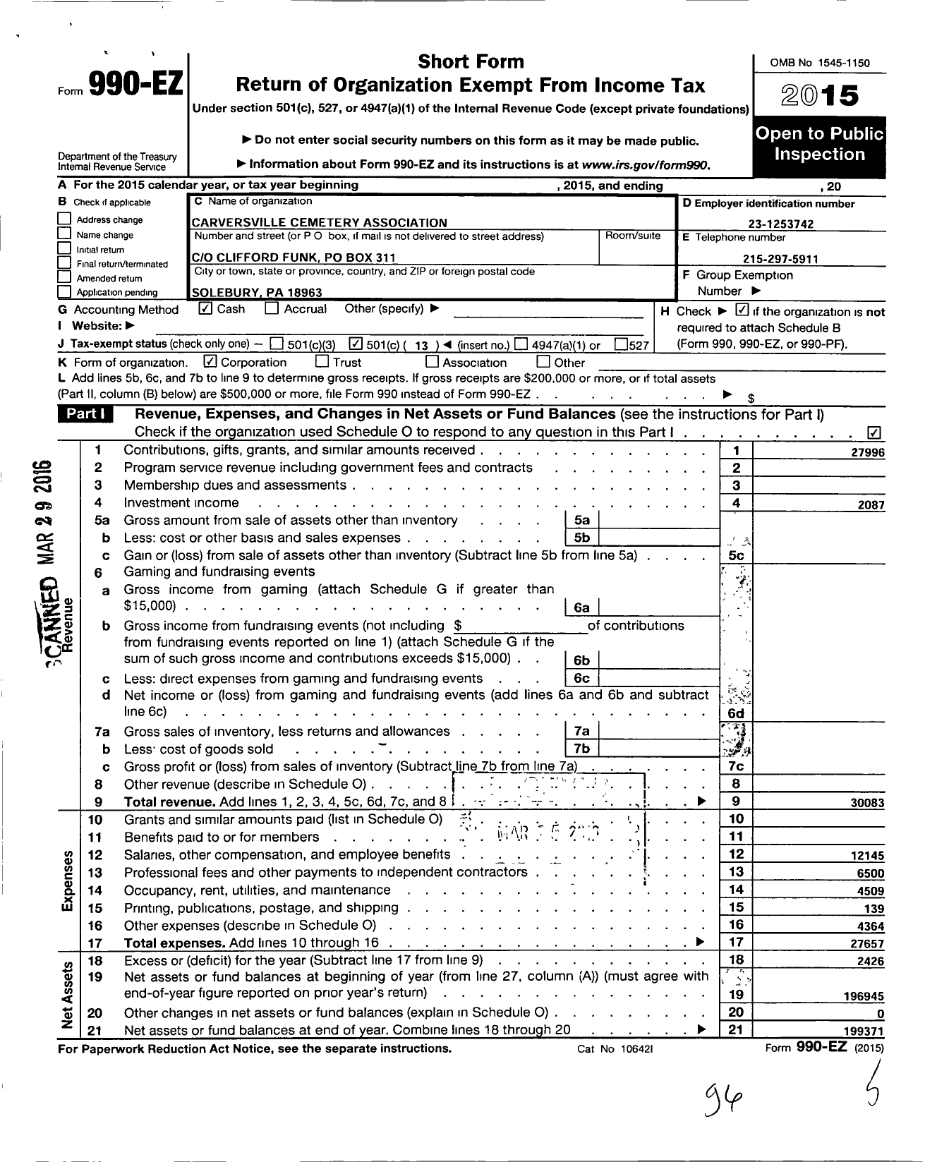 Image of first page of 2015 Form 990EO for Carversville Cemetery Association