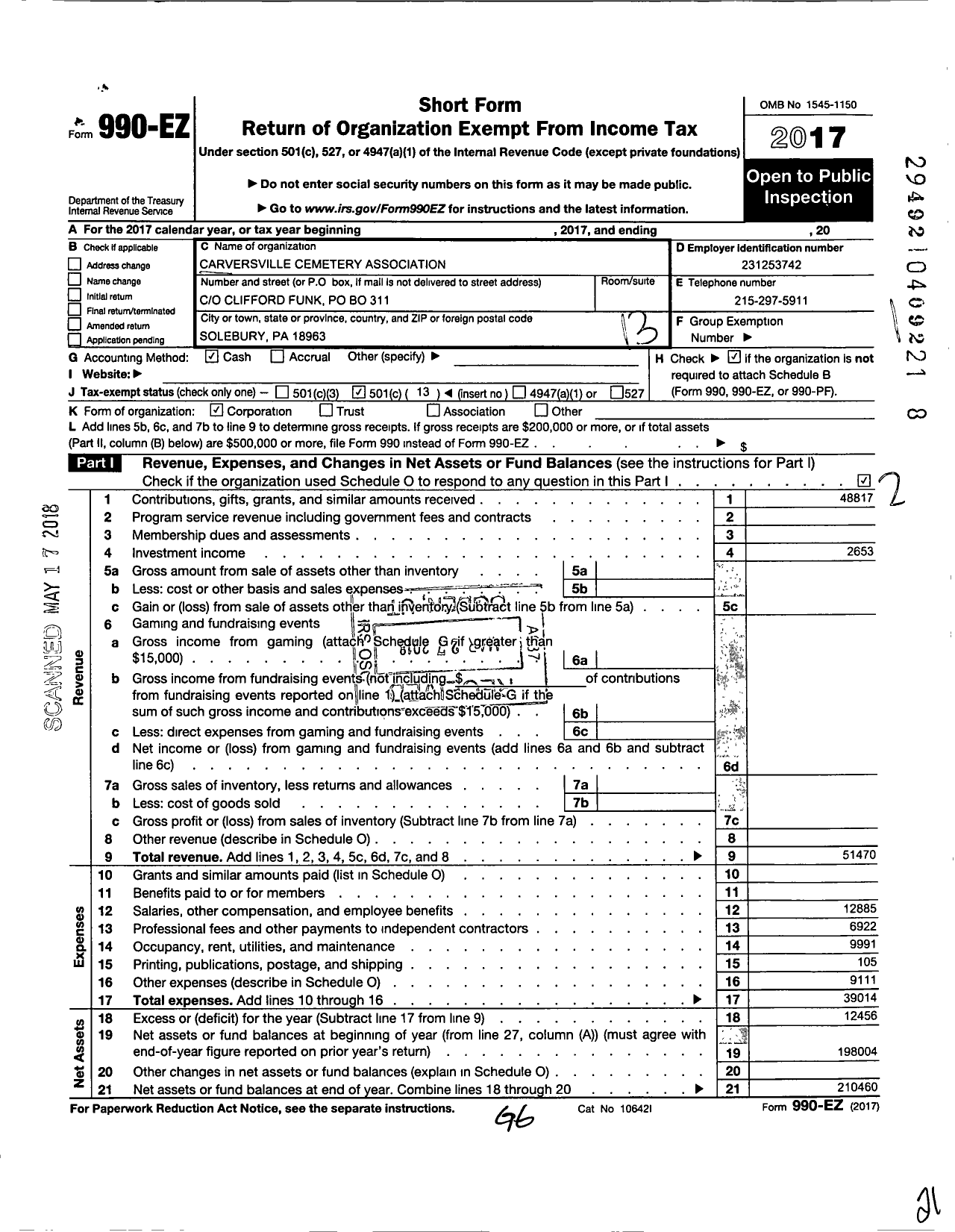 Image of first page of 2017 Form 990EO for Carversville Cemetery Association