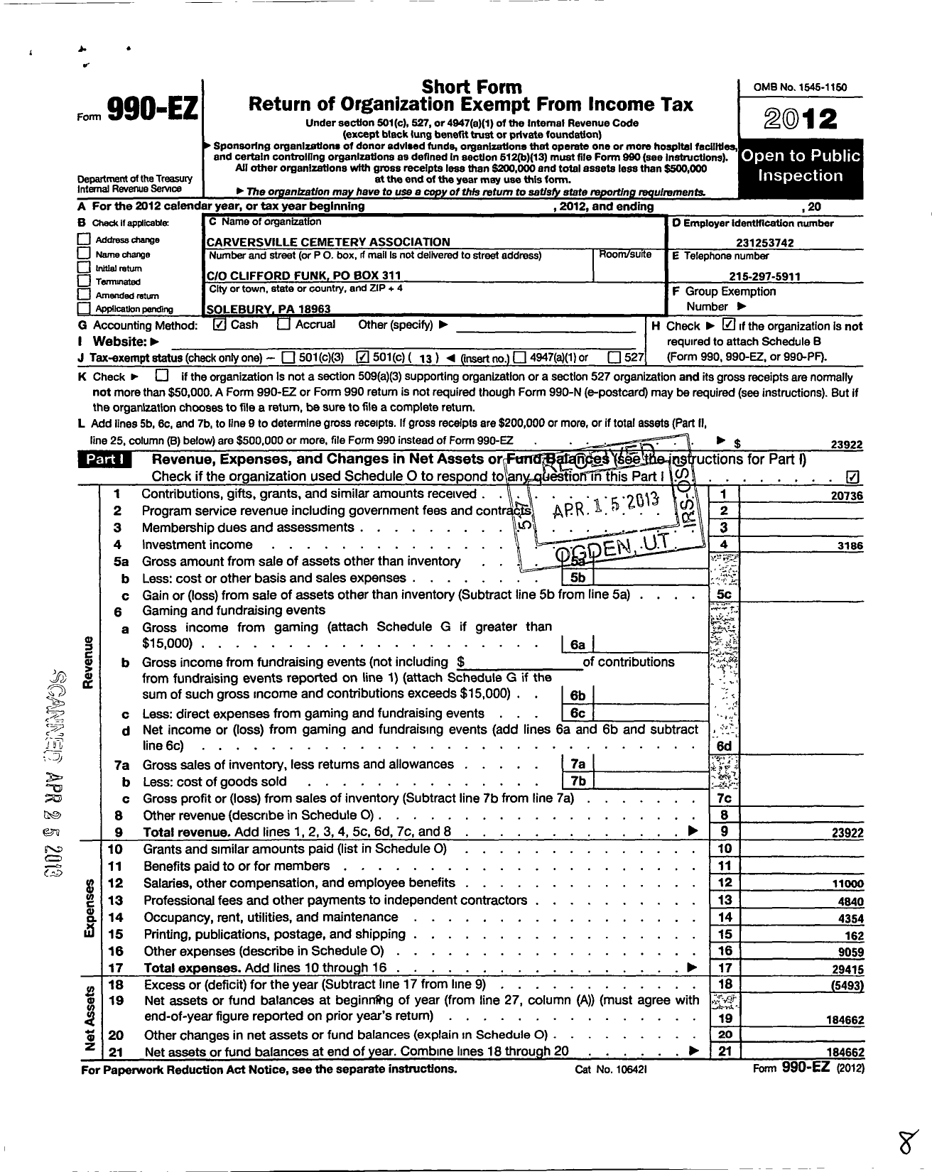 Image of first page of 2012 Form 990EO for Carversville Cemetery Association