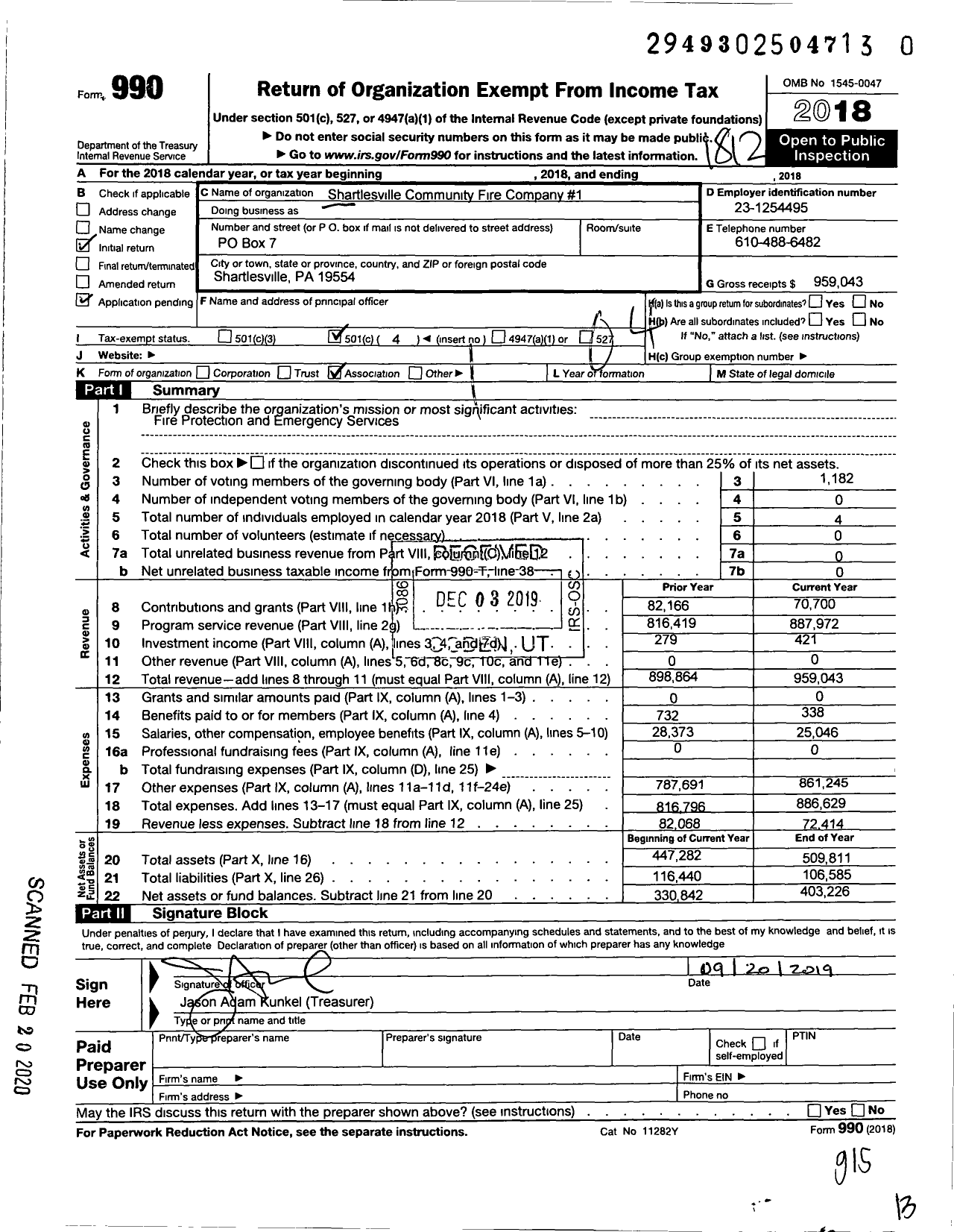 Image of first page of 2018 Form 990O for Shartlesville Community Fire 1