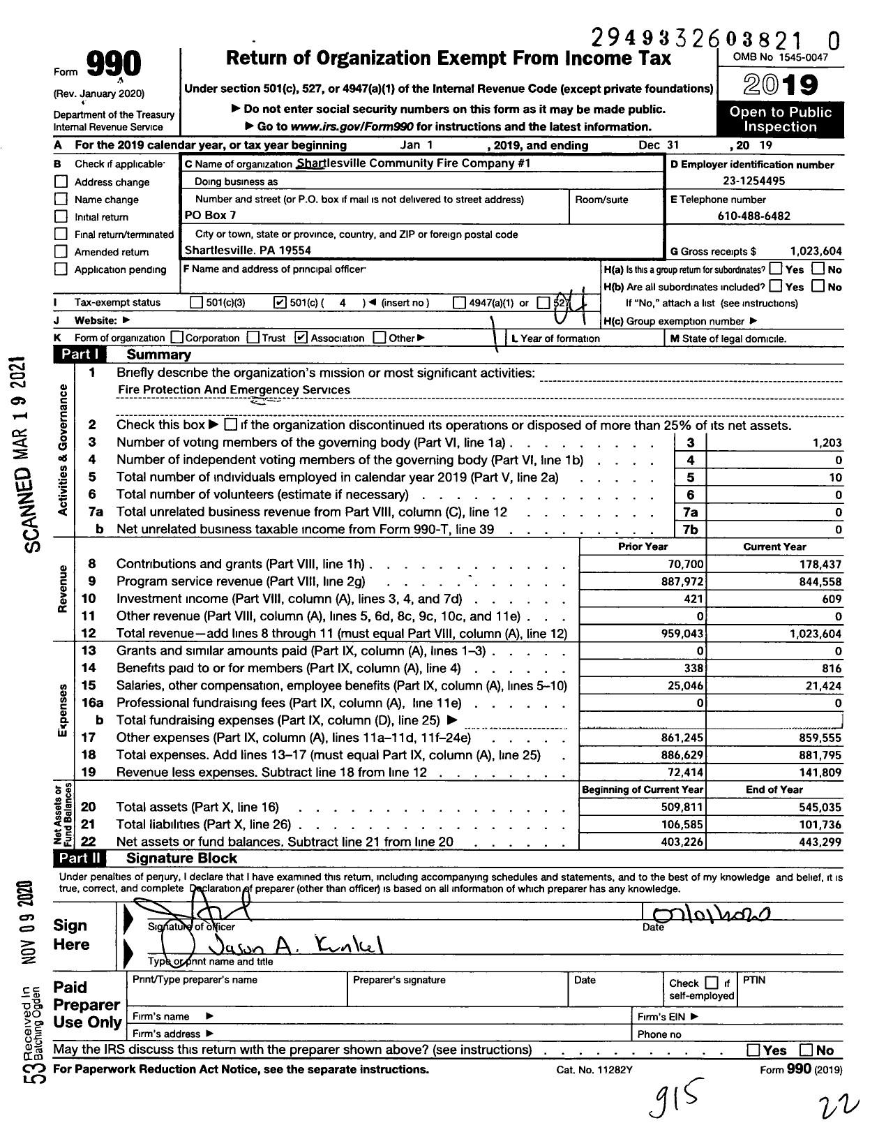 Image of first page of 2019 Form 990O for Shartlesville Community Fire 1