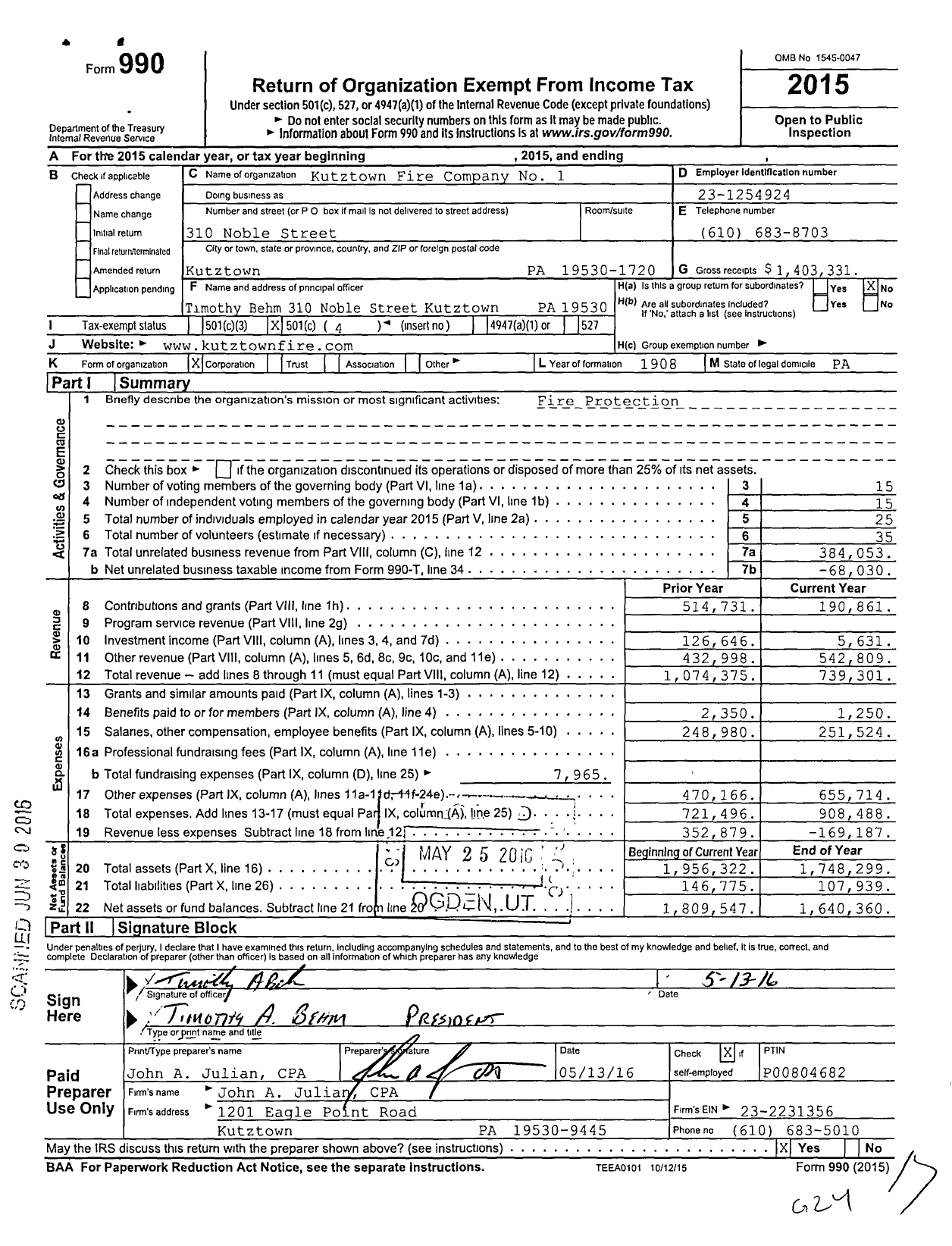 Image of first page of 2015 Form 990O for Kutztown Fire Company No 1