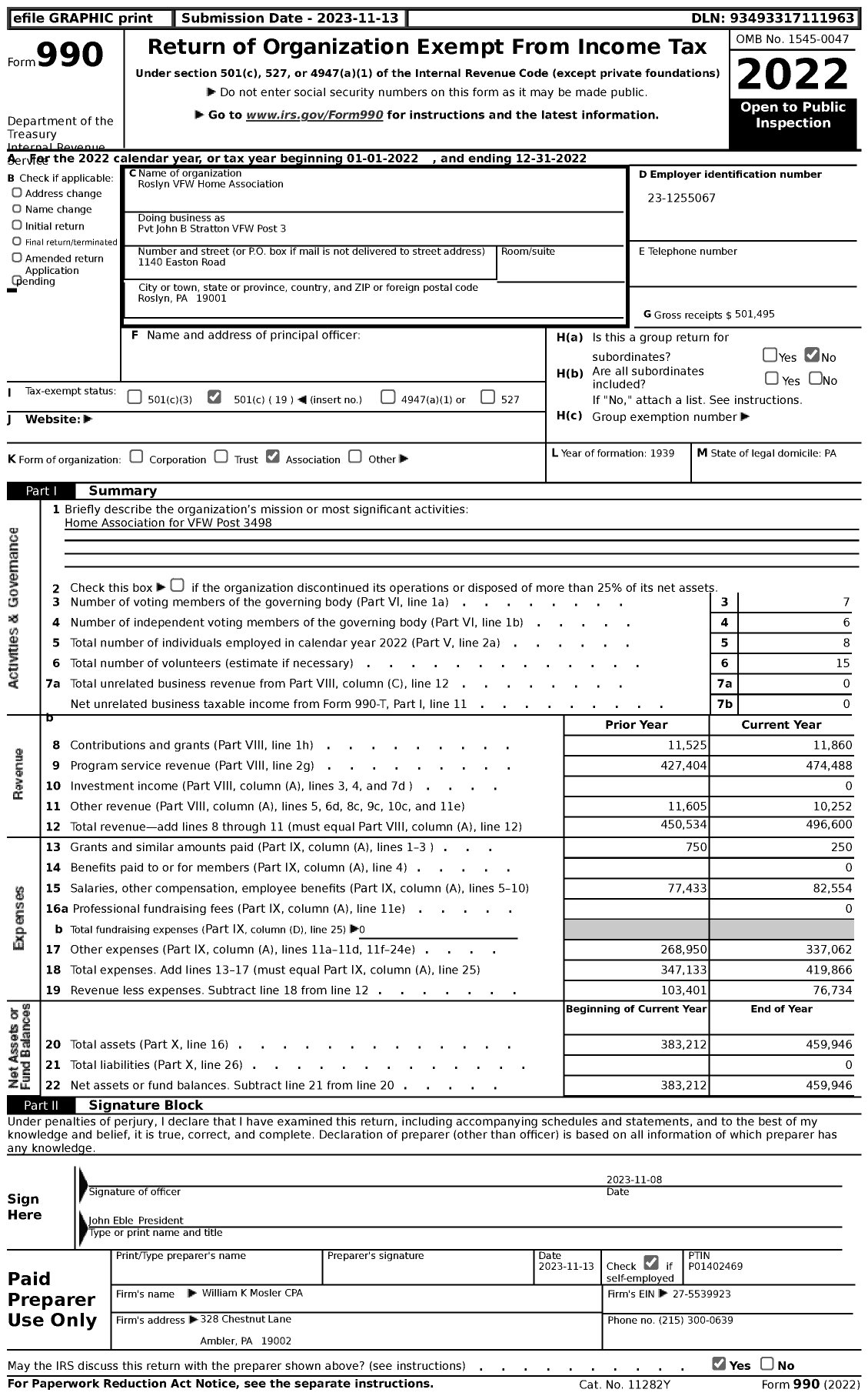 Image of first page of 2022 Form 990 for Pvt John B Stratton VFW Post 3