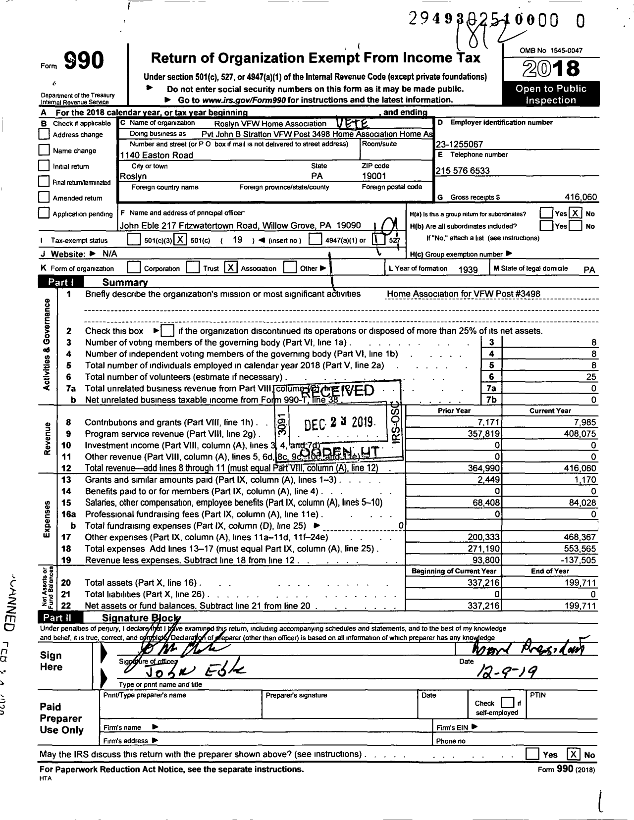 Image of first page of 2018 Form 990O for Pvt John B Stratton VFW Post 3