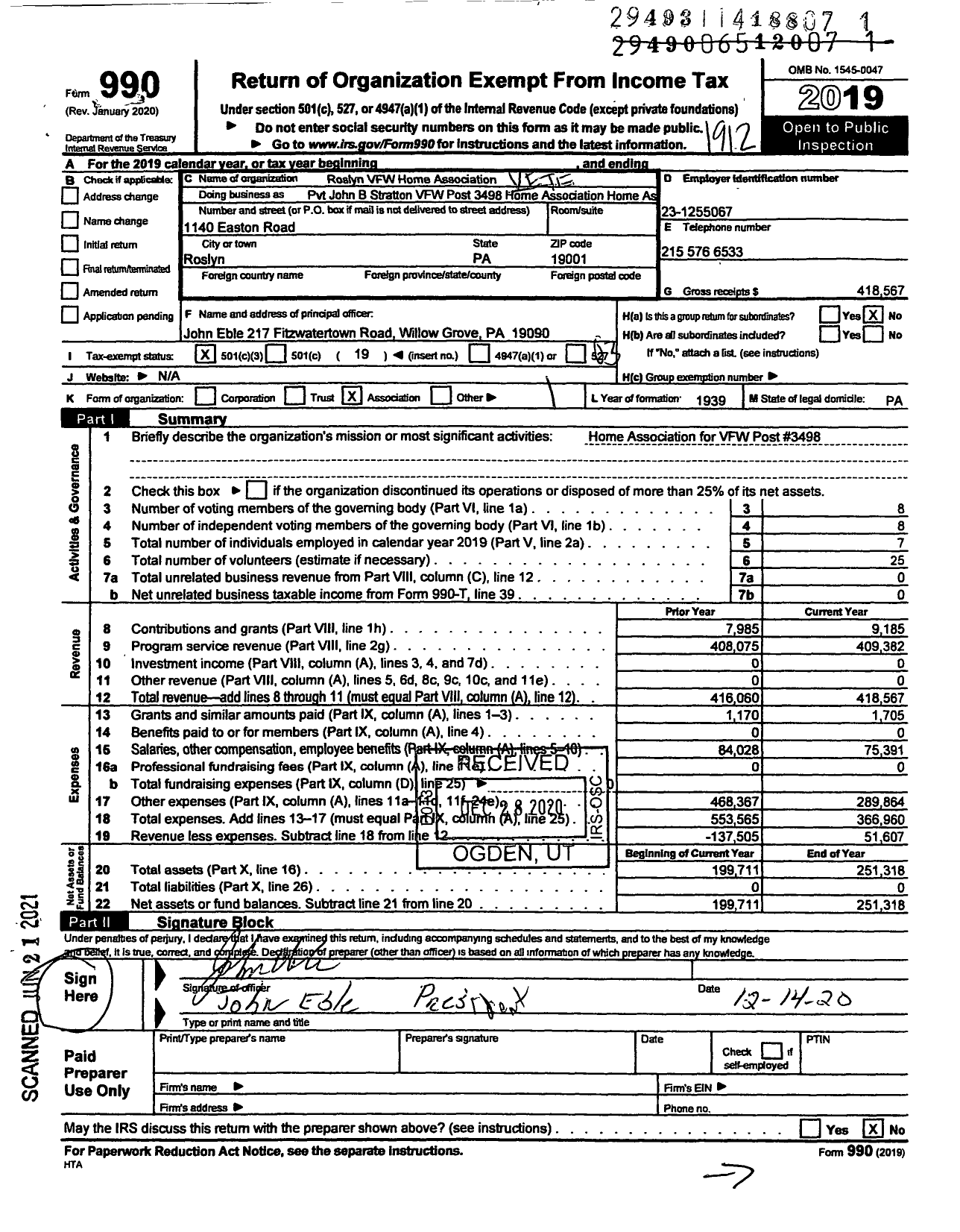 Image of first page of 2019 Form 990 for Pvt John B Stratton VFW Post 3