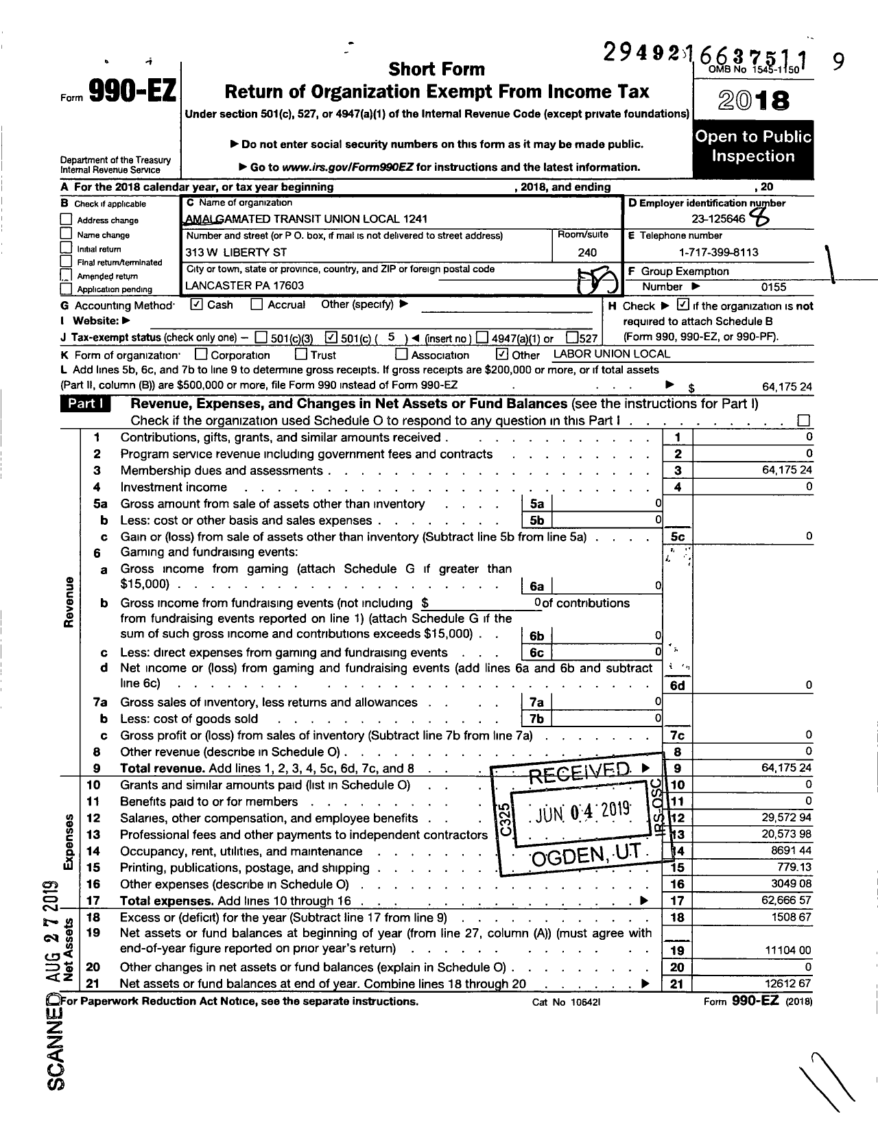 Image of first page of 2018 Form 990EO for Amalgamated Transit Union - 1241 Local