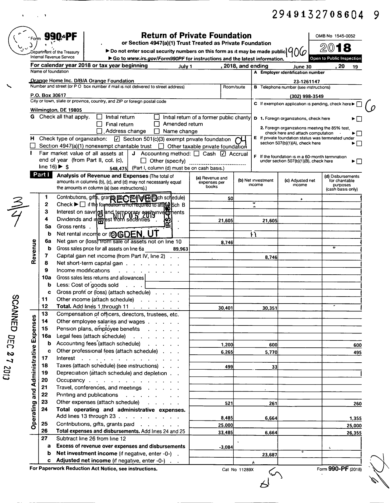 Image of first page of 2018 Form 990PF for Orange Home