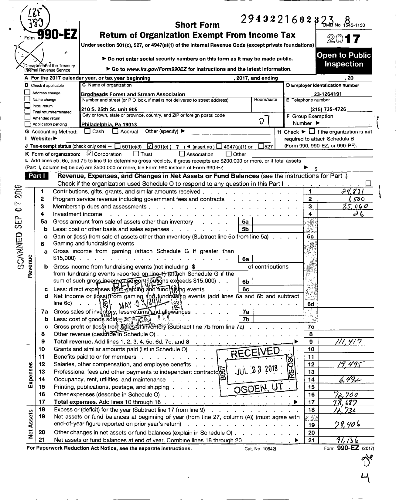 Image of first page of 2017 Form 990EO for Broadheads Forest and Stream Association