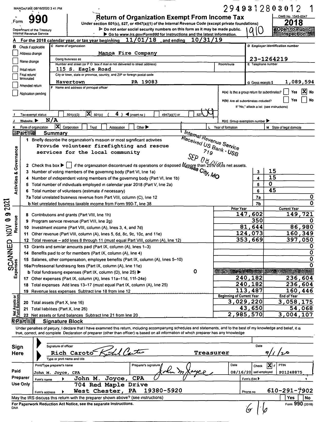 Image of first page of 2018 Form 990O for Manoa Fire Company