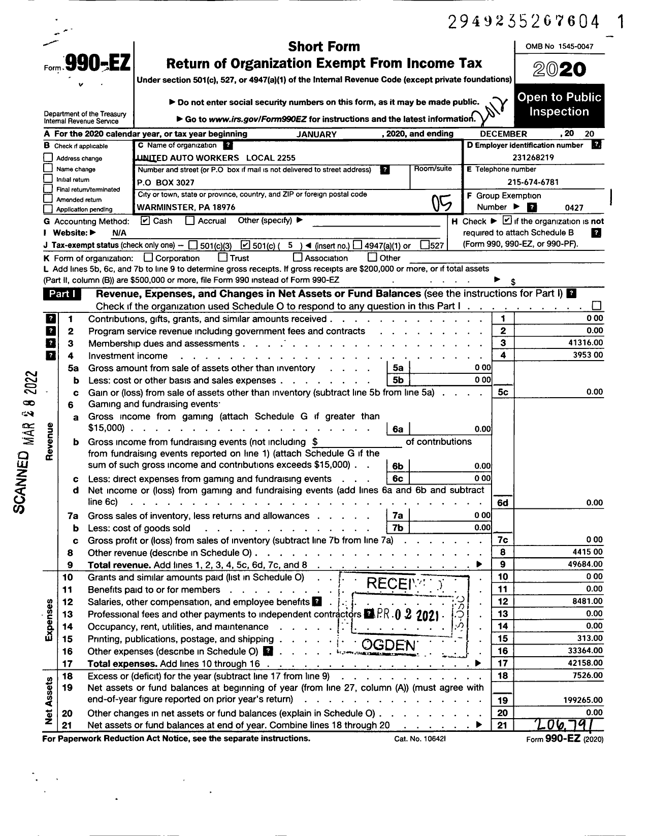 Image of first page of 2020 Form 990EO for Uaw - 2255 Local