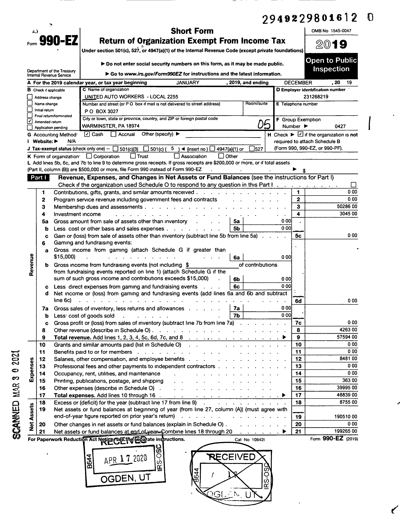 Image of first page of 2019 Form 990EO for Uaw - 2255 Local