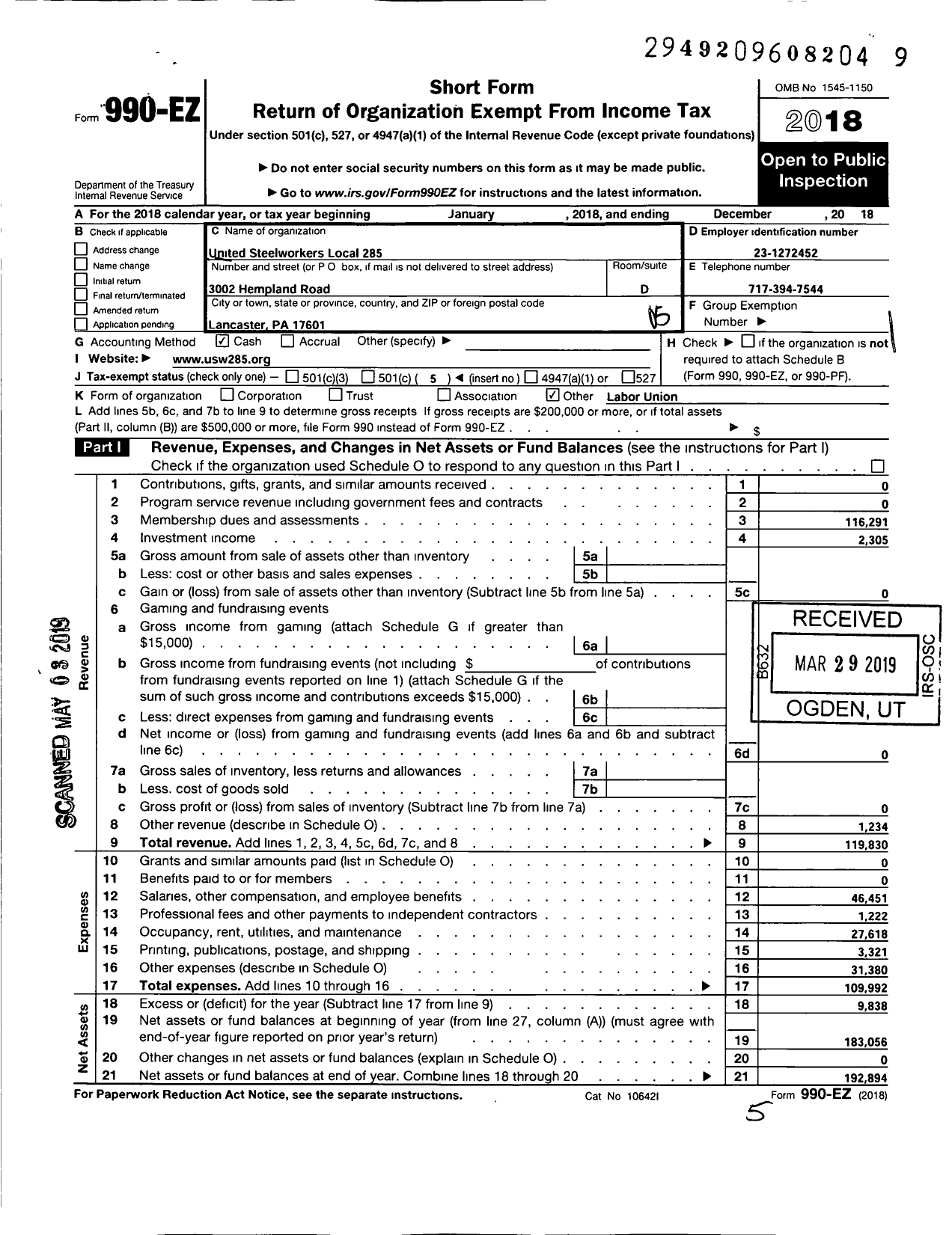 Image of first page of 2018 Form 990EO for United Steelworkers Local 285