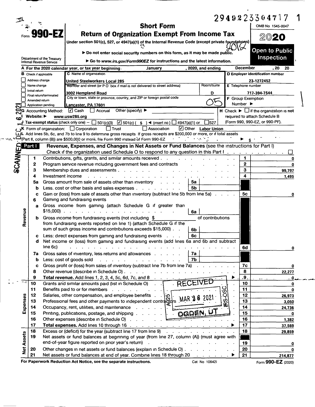 Image of first page of 2020 Form 990EO for United Steelworkers - 00285l