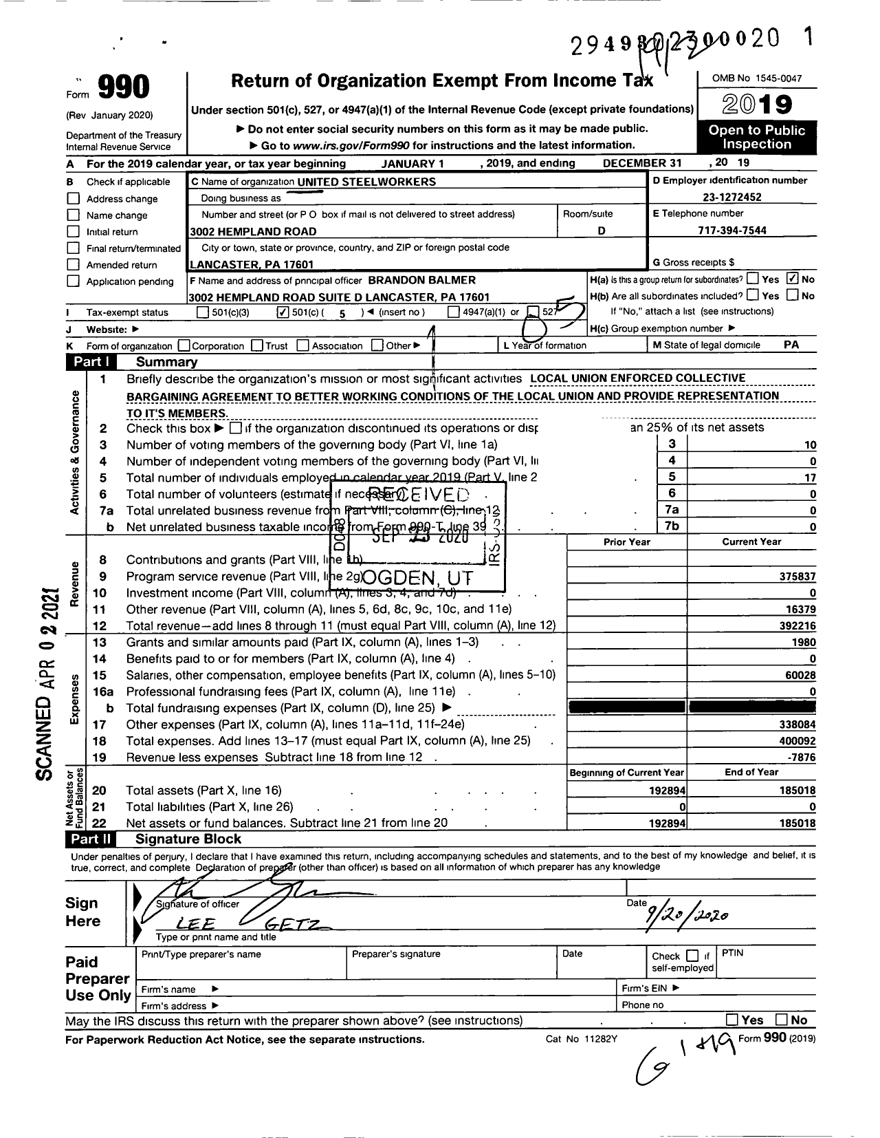 Image of first page of 2019 Form 990O for United Steelworkers Local 285