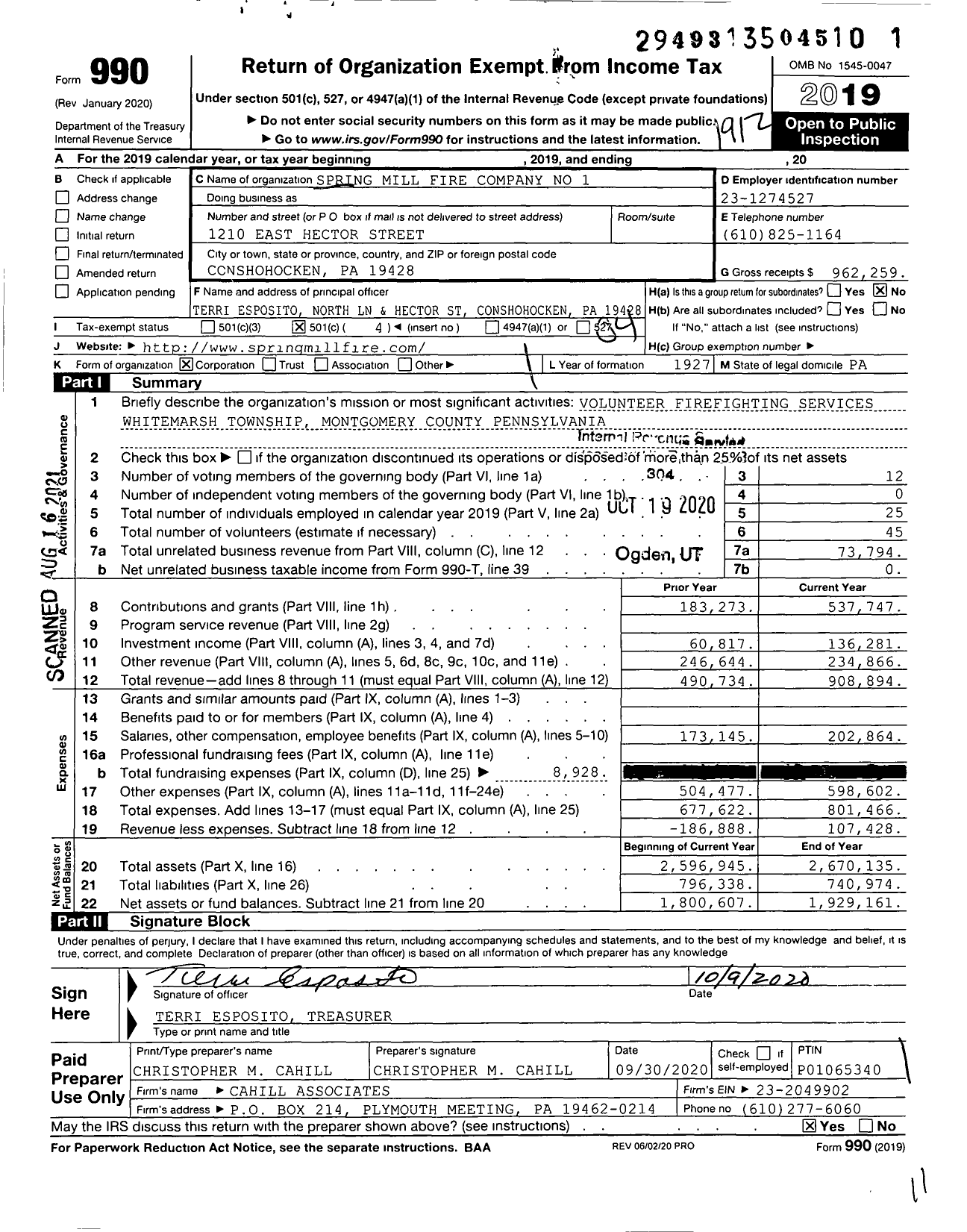 Image of first page of 2019 Form 990O for Spring Mill Fire Company No 1