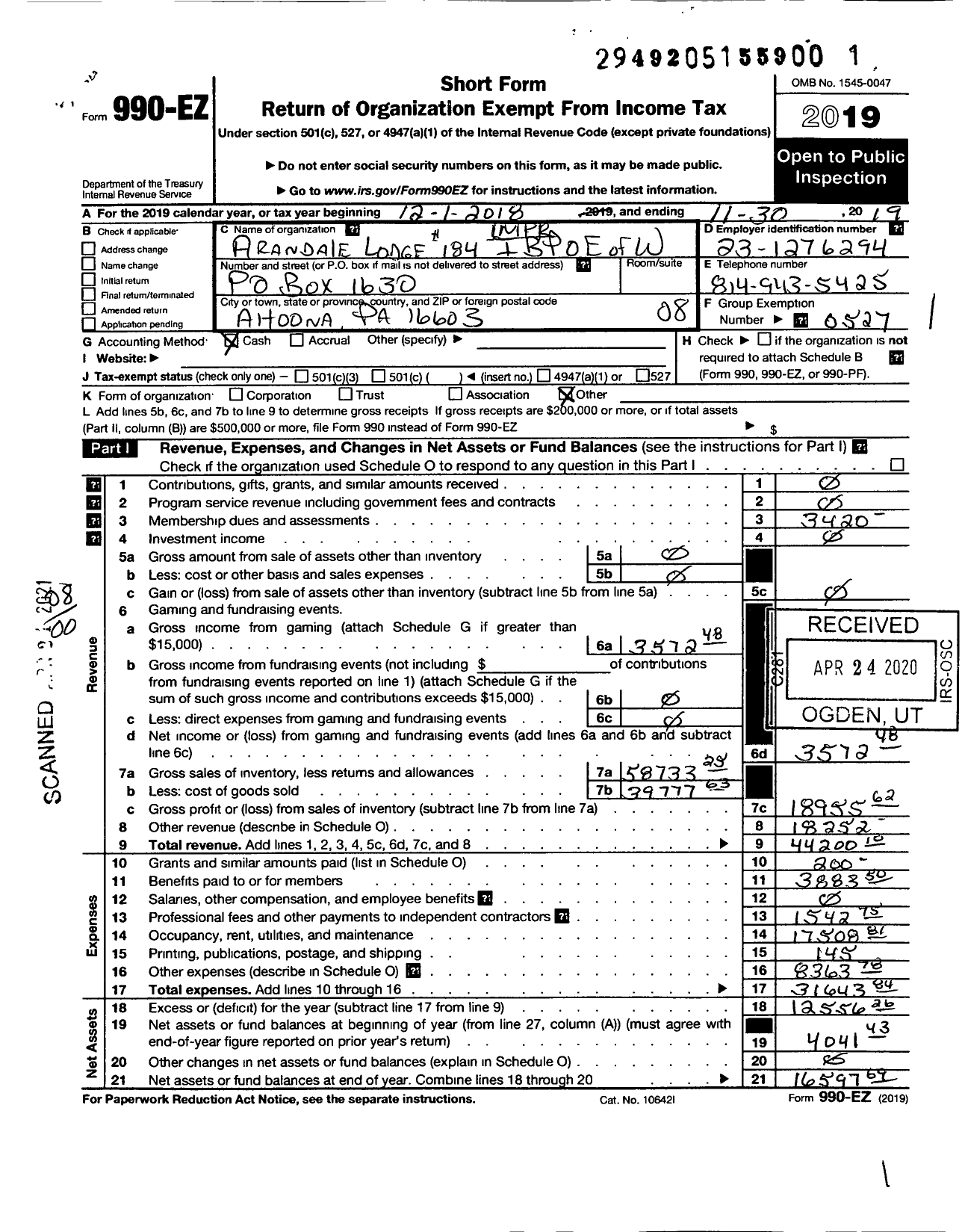 Image of first page of 2018 Form 990EO for Improved Benevolent and Protective Order of Elks of the World - 184 Arandale Lodge