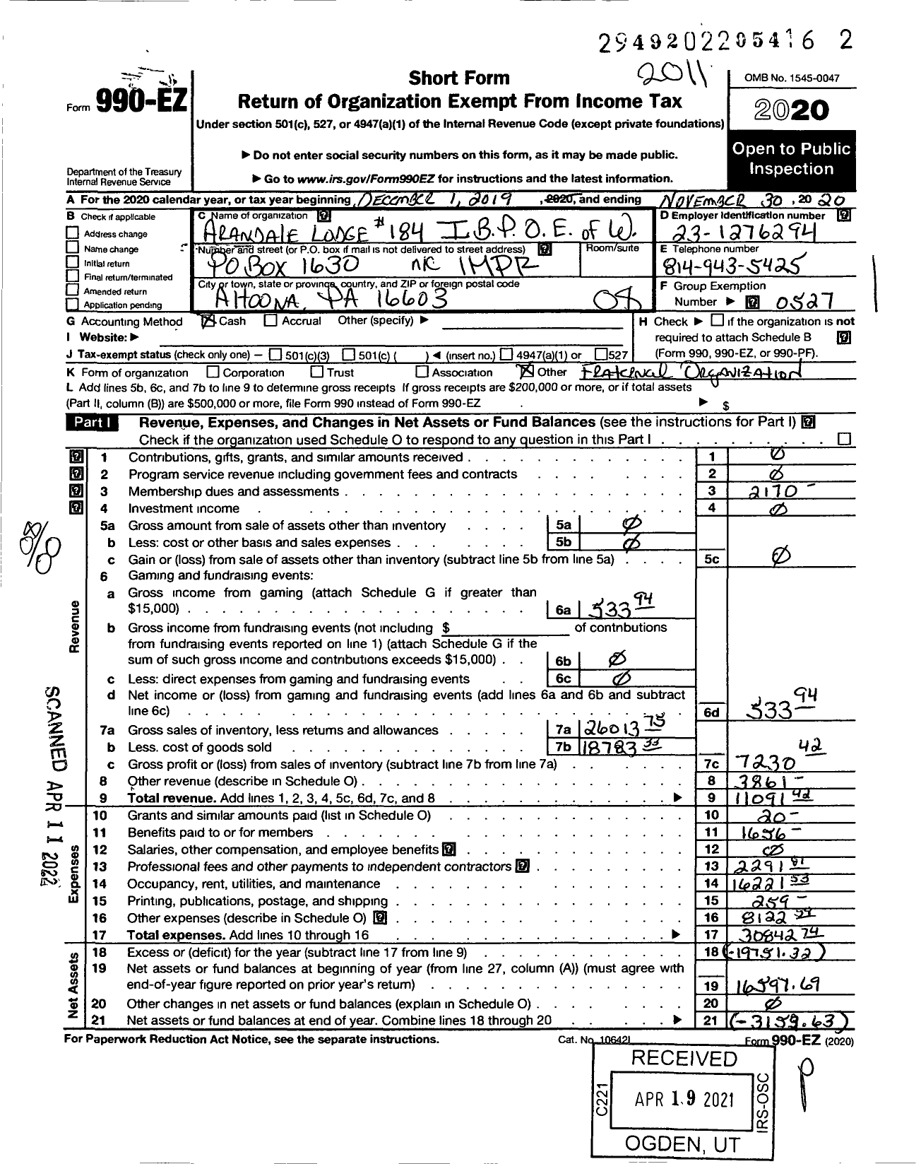 Image of first page of 2019 Form 990EO for Improved Benevolent and Protective Order of Elks of the World - 184 Arandale Lodge