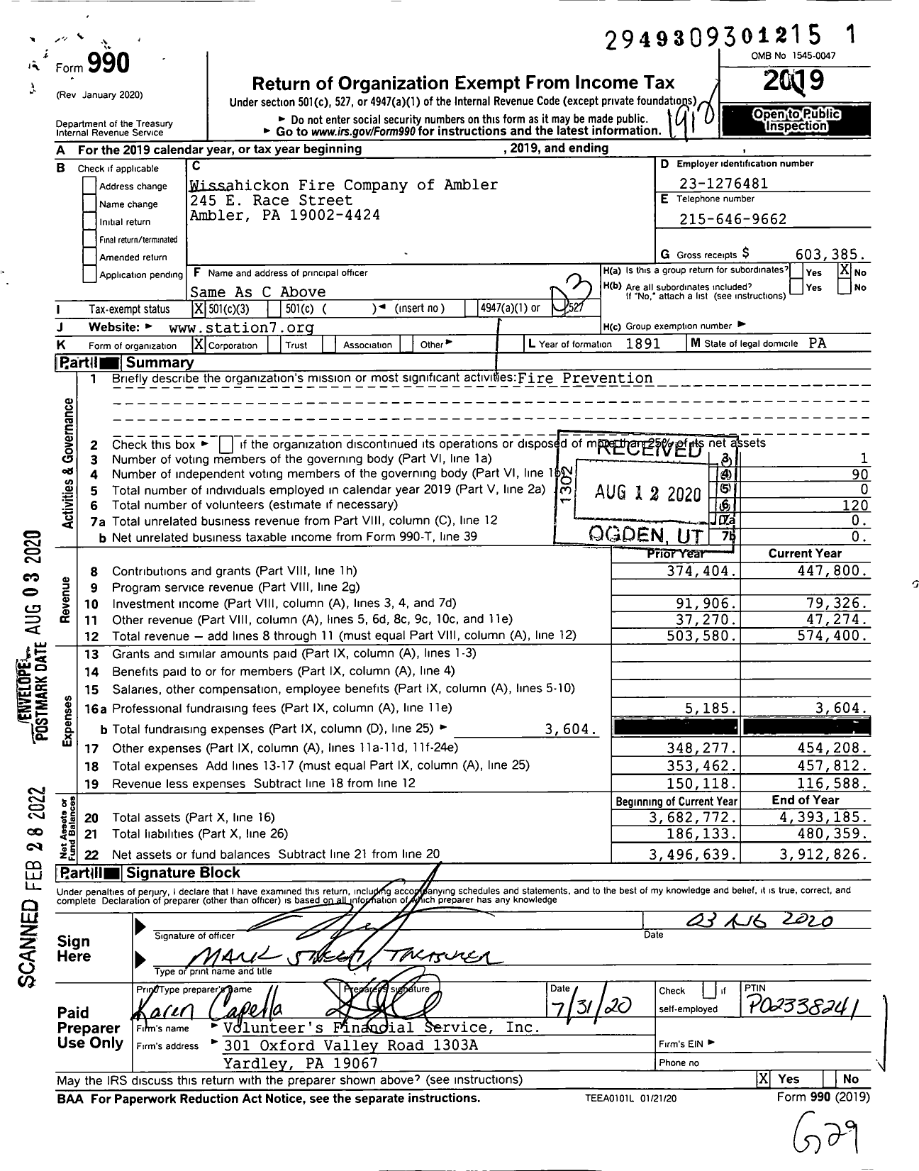 Image of first page of 2019 Form 990 for Wissahickon Fire Company of Ambler