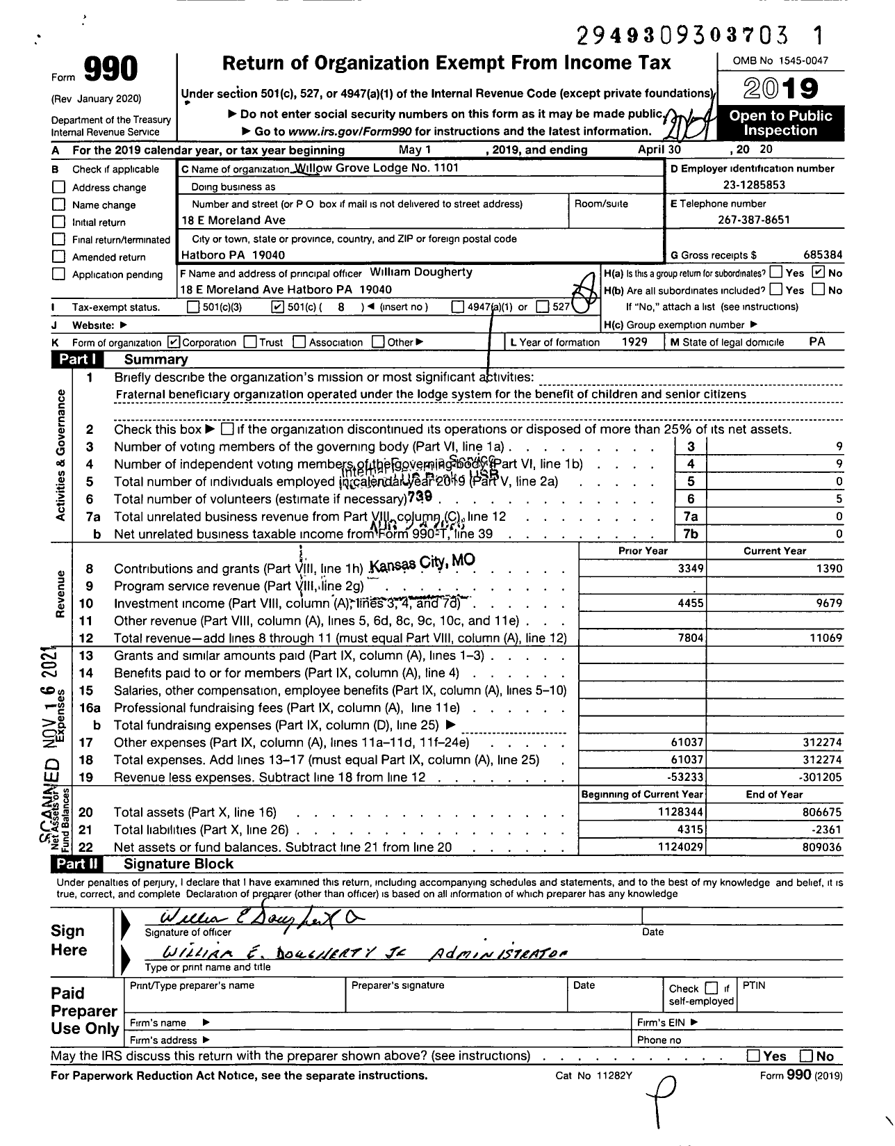 Image of first page of 2019 Form 990O for Loyal Order of Moose - 1101