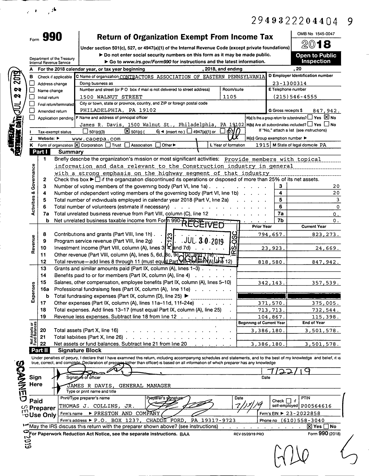 Image of first page of 2018 Form 990O for Contractors Association of Eastern Pennsylvania