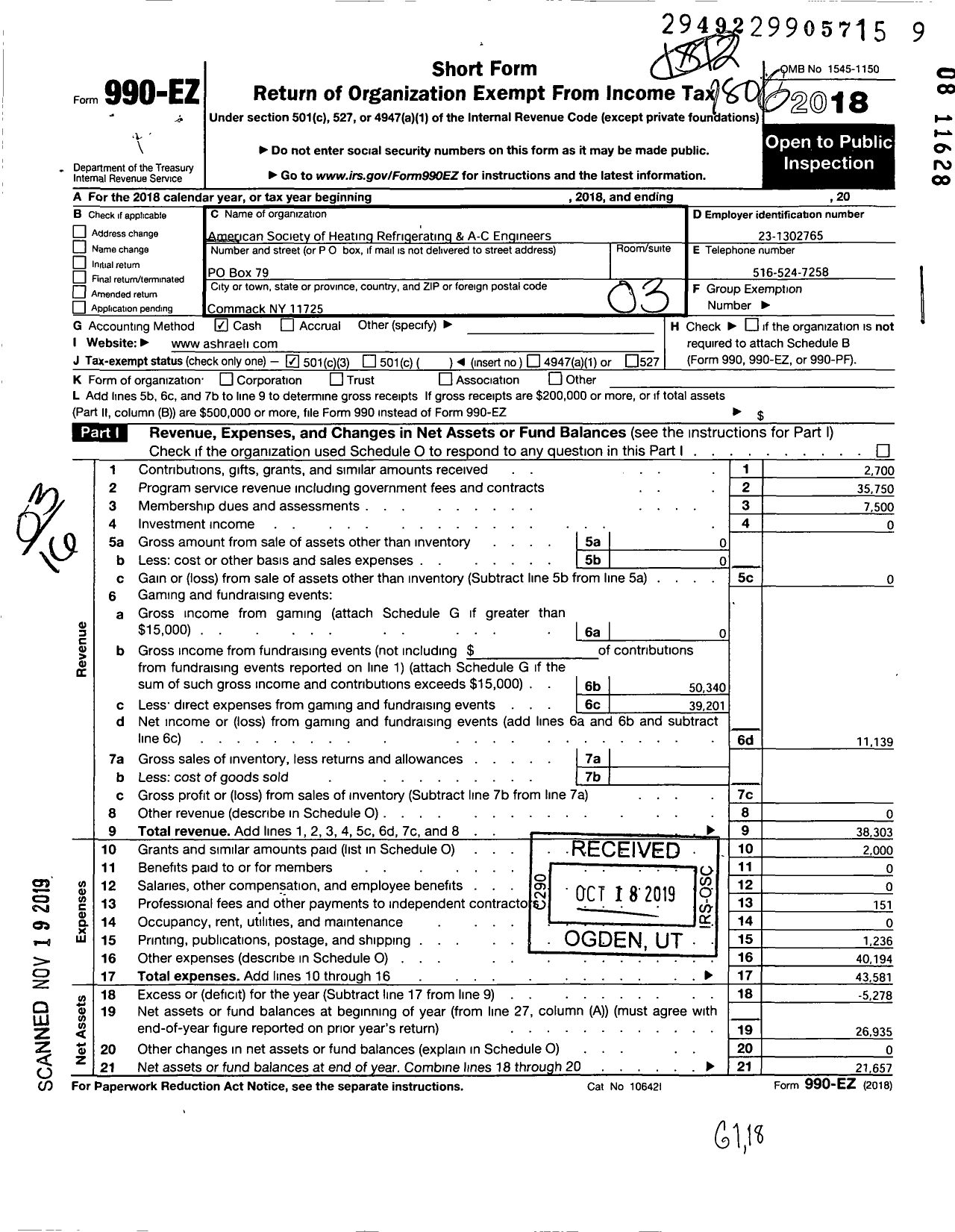 Image of first page of 2017 Form 990EZ for American Society of Heating Refrigerating & A-C Engineers