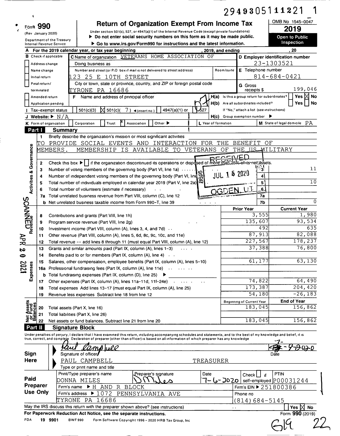 Image of first page of 2019 Form 990O for Department of Pa Ladies Auxiliary VFW - 4559 Anderson-Denny Ladies Auxiliary