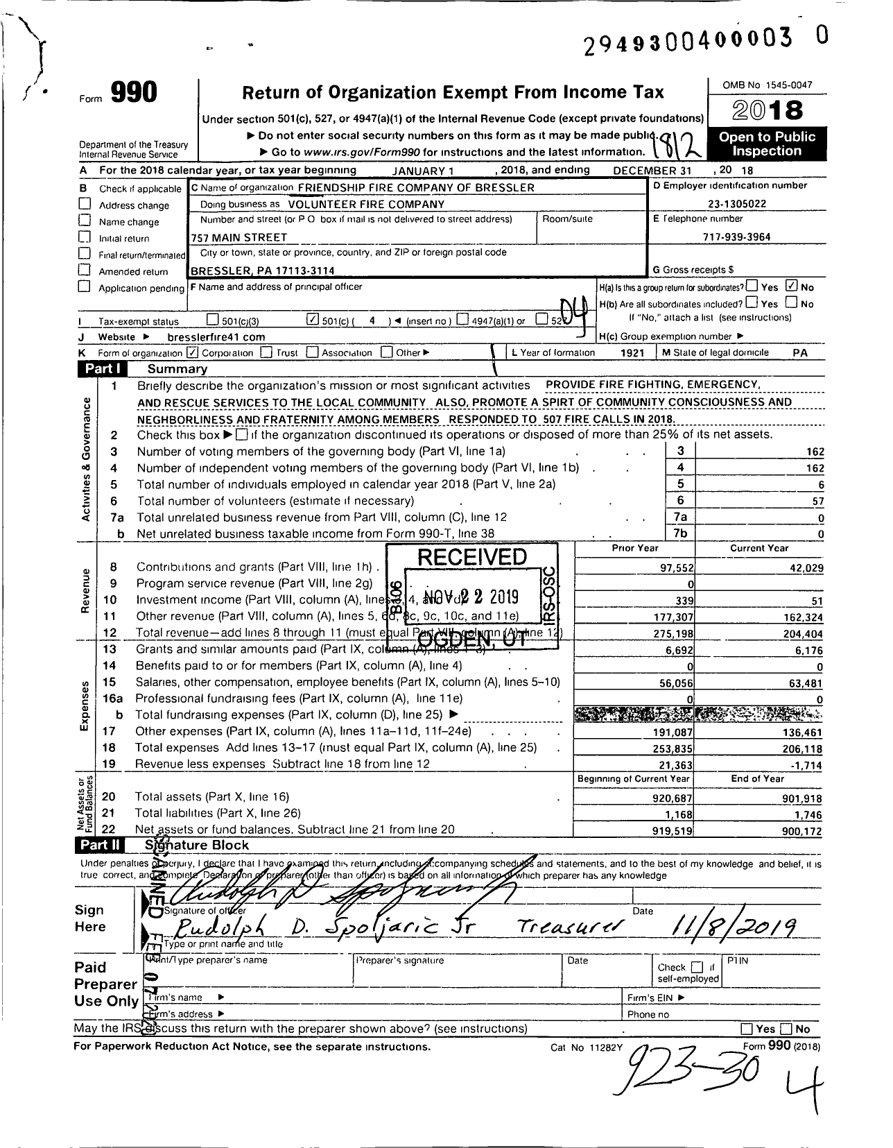 Image of first page of 2018 Form 990O for Friendship Fire Company of Bressler